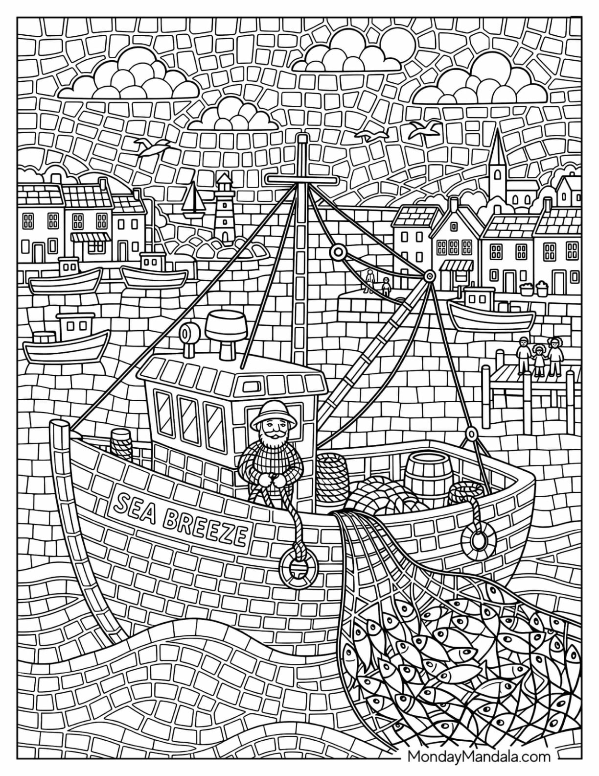 Mosaic Fishing Boat Hauling a Net in a Coastal Harbor Coloring Sheet