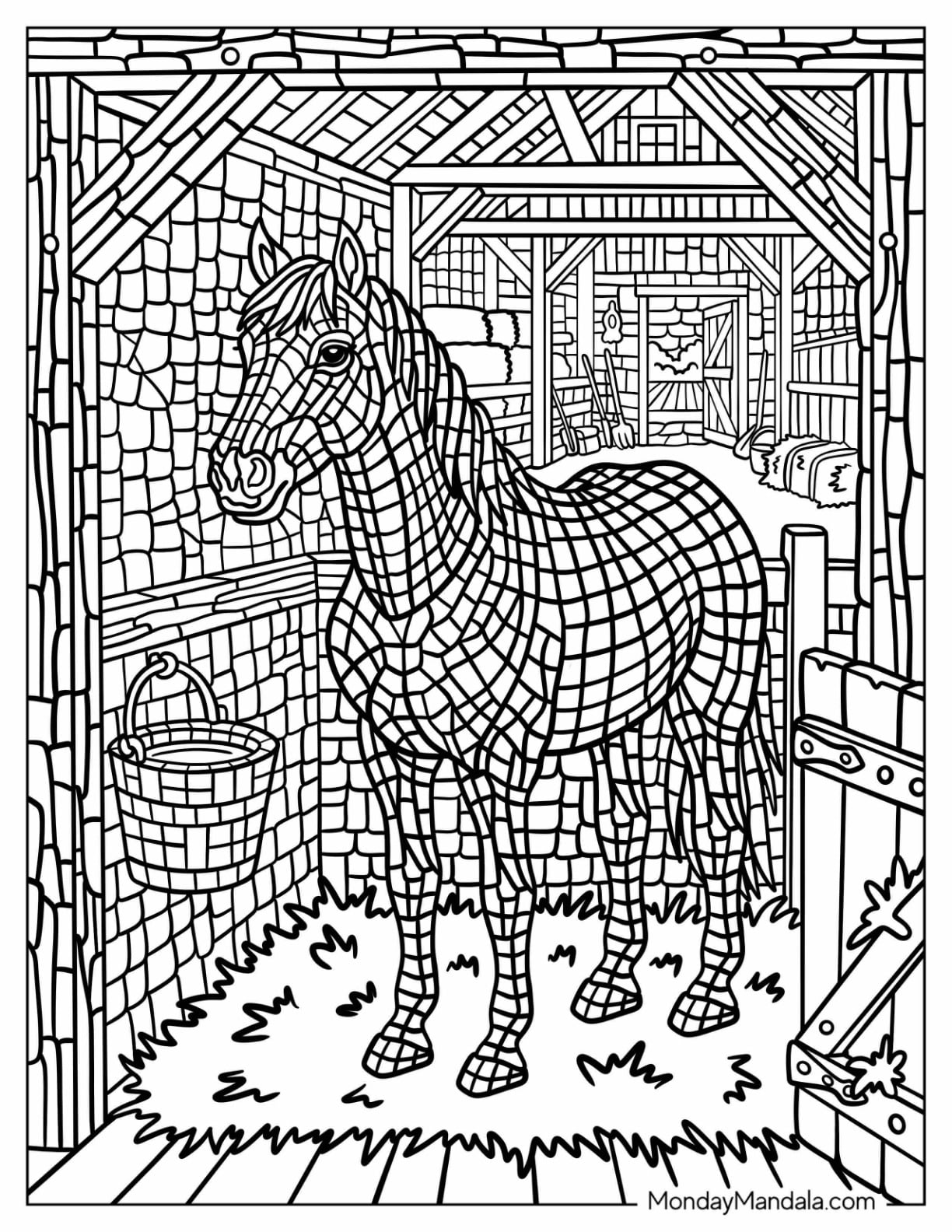 Mosaic Horse Standing Inside a Rustic Stable Coloring Page