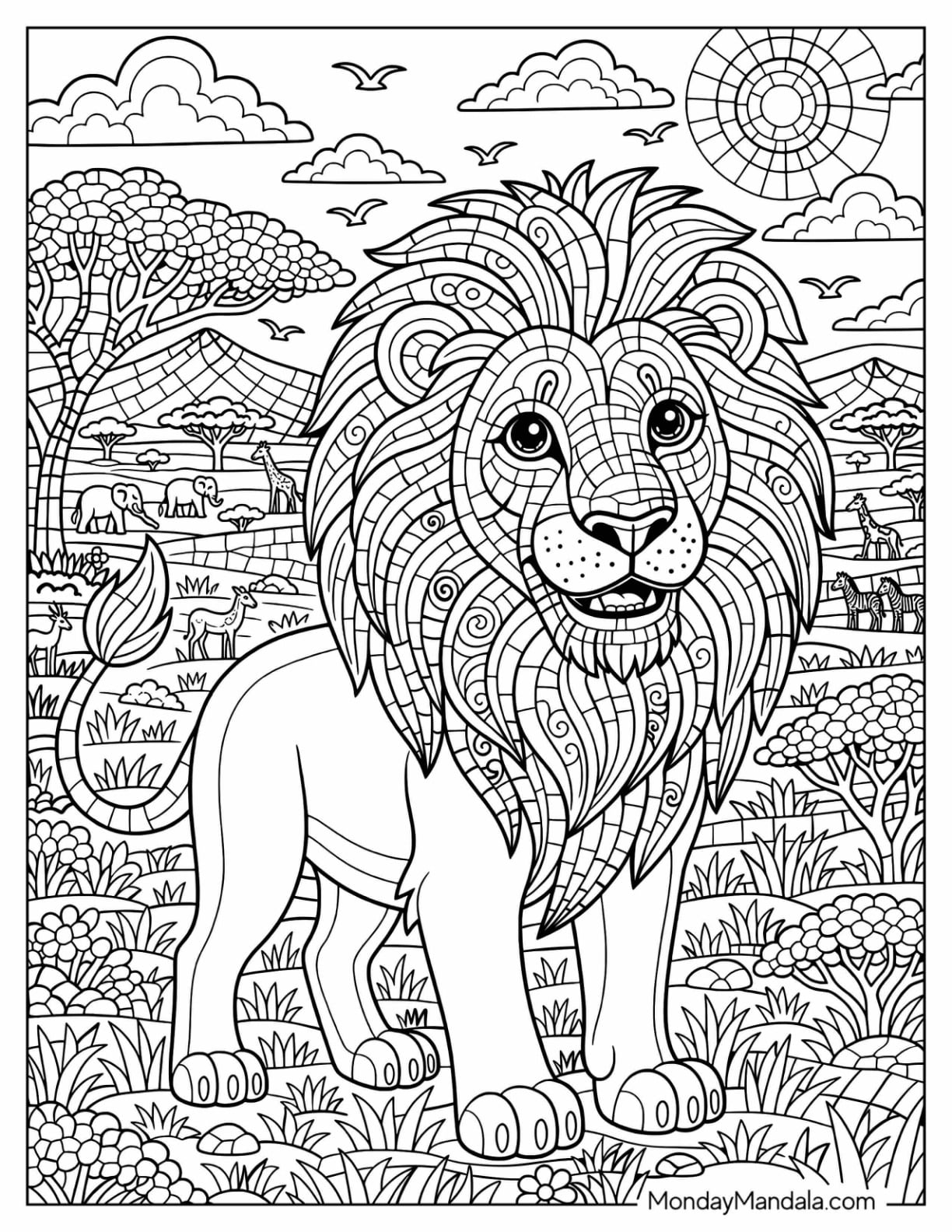 Mosaic Lion Standing in an African Savanna Coloring Sheet for Kids