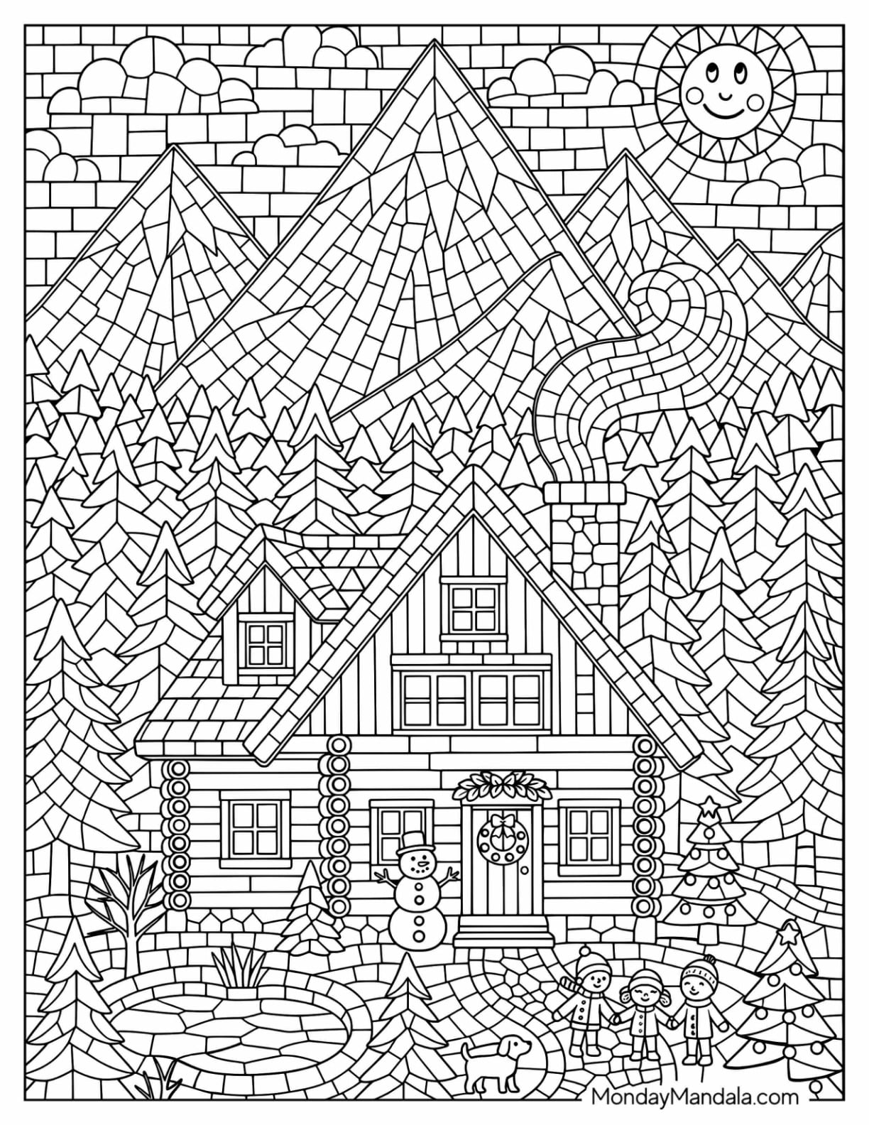 Mosaic Log Cabin in a Snowy Mountain Forest Coloring Page