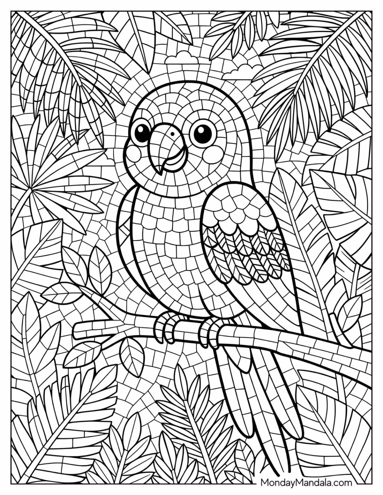 Mosaic Parrot Perched Among Tropical Leaves Coloring Page