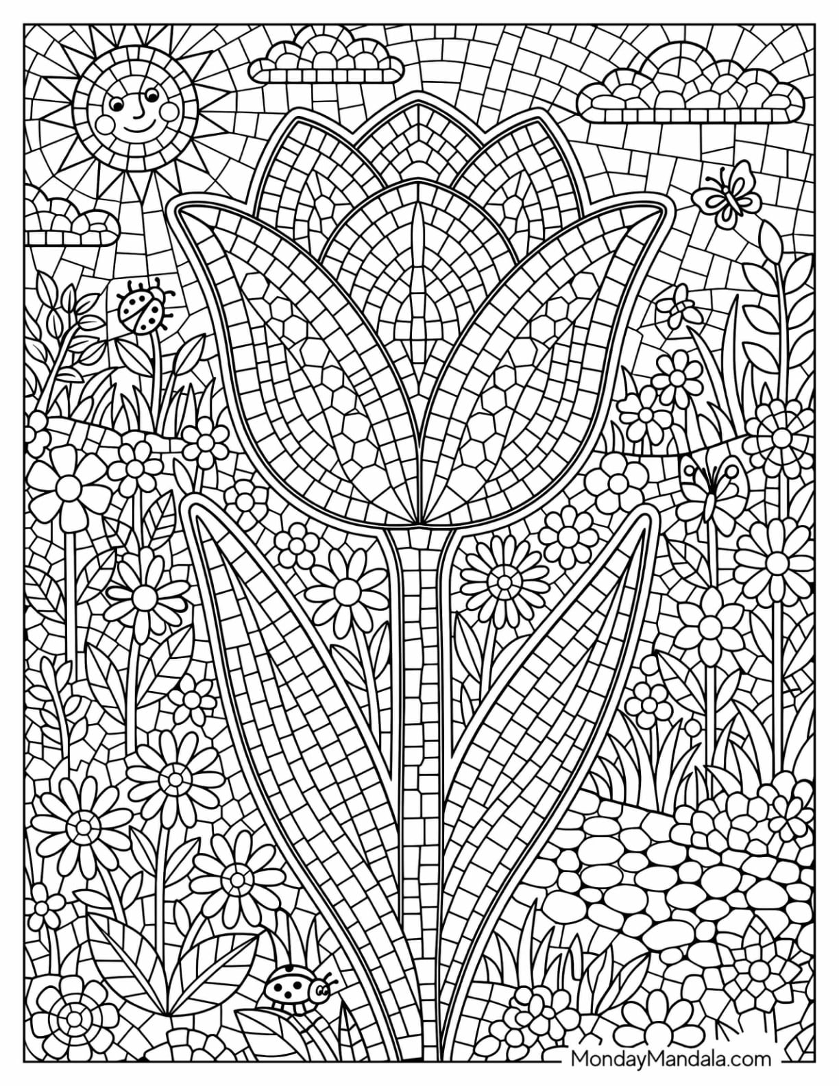 Mosaic Tulip Blooming in a Flower Garden Coloring Sheet