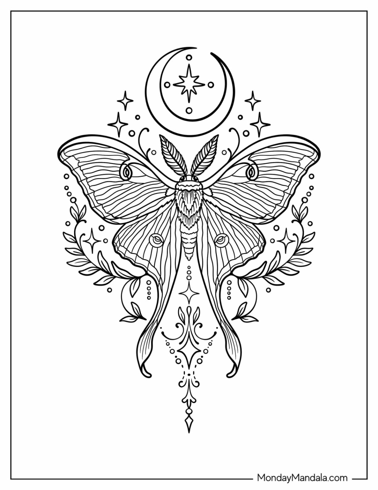 Moth with Crescent Moon and Stars Tattoo Design Coloring Page
