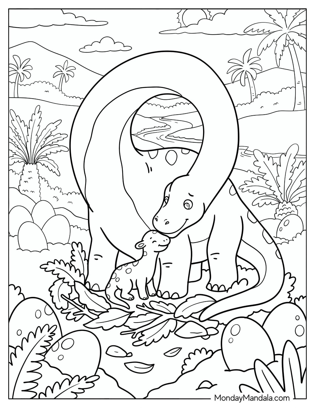 Mother Brachiosaurus Nuzzling Her Baby Near a Nest of Eggs Coloring Page