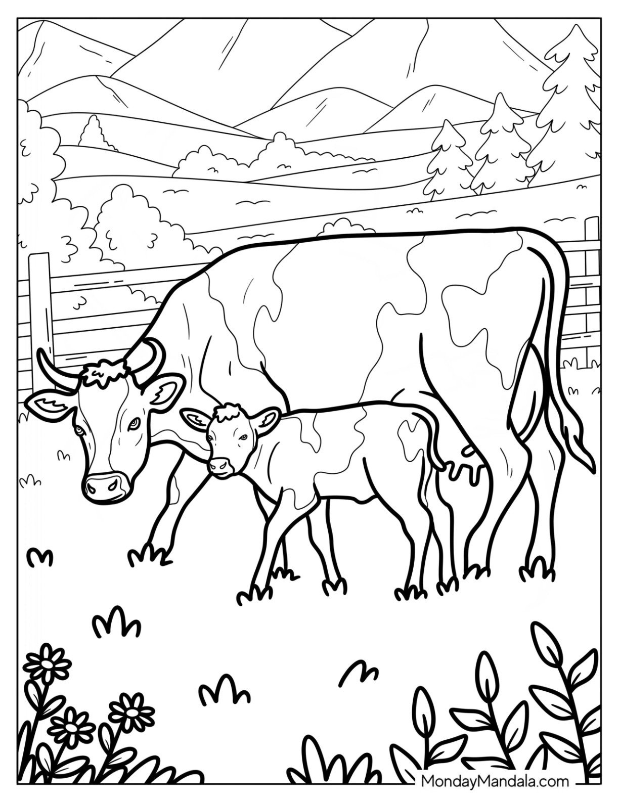Mother Cow Coloring Page And Calf In A Peaceful Pasture