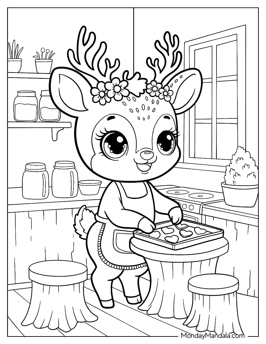 Mother Deer Coloring Page Baking Cookies with Apron and Flower Crown
