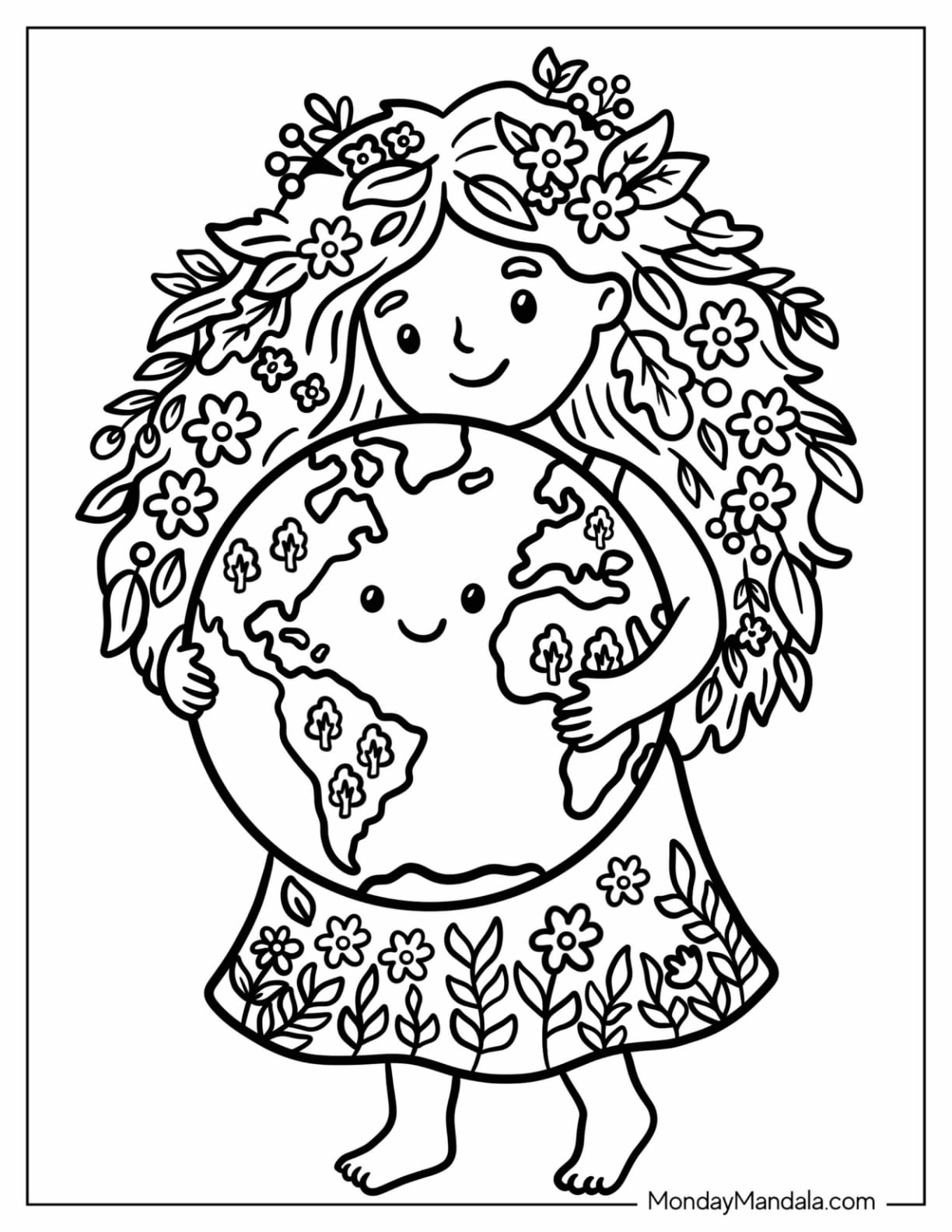 Mother Earth Hugging the Planet with Flowers and Leaves Coloring Page for Kids