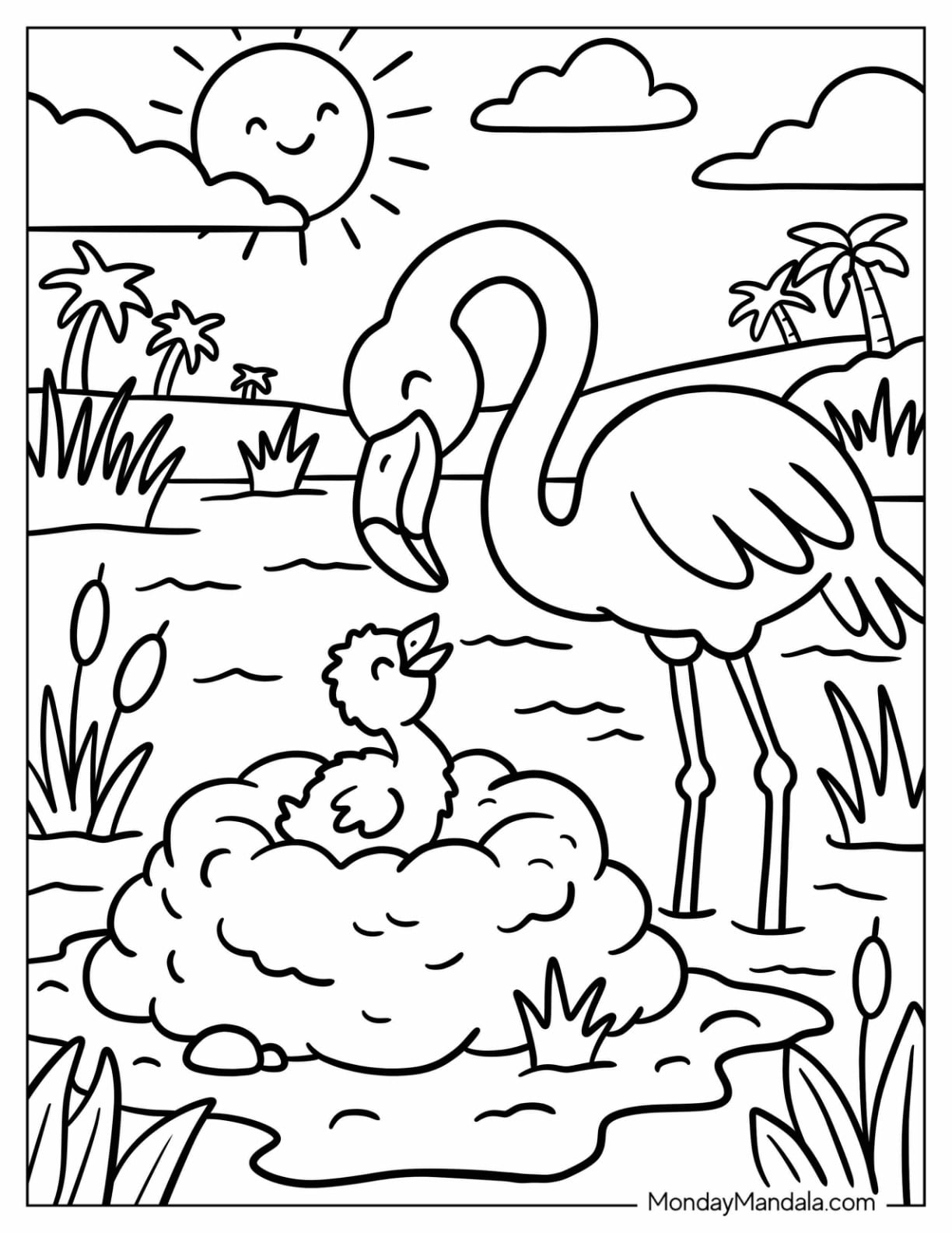 Mother Flamingo Smiling Down at Her Chick