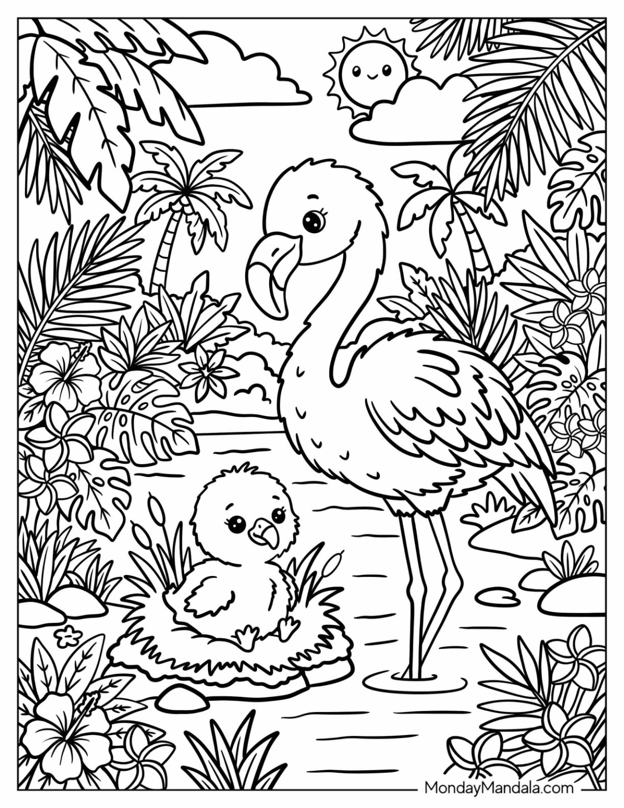 Mother Flamingo Watching Her Chick in a Tropical Nest Coloring Page for Kids