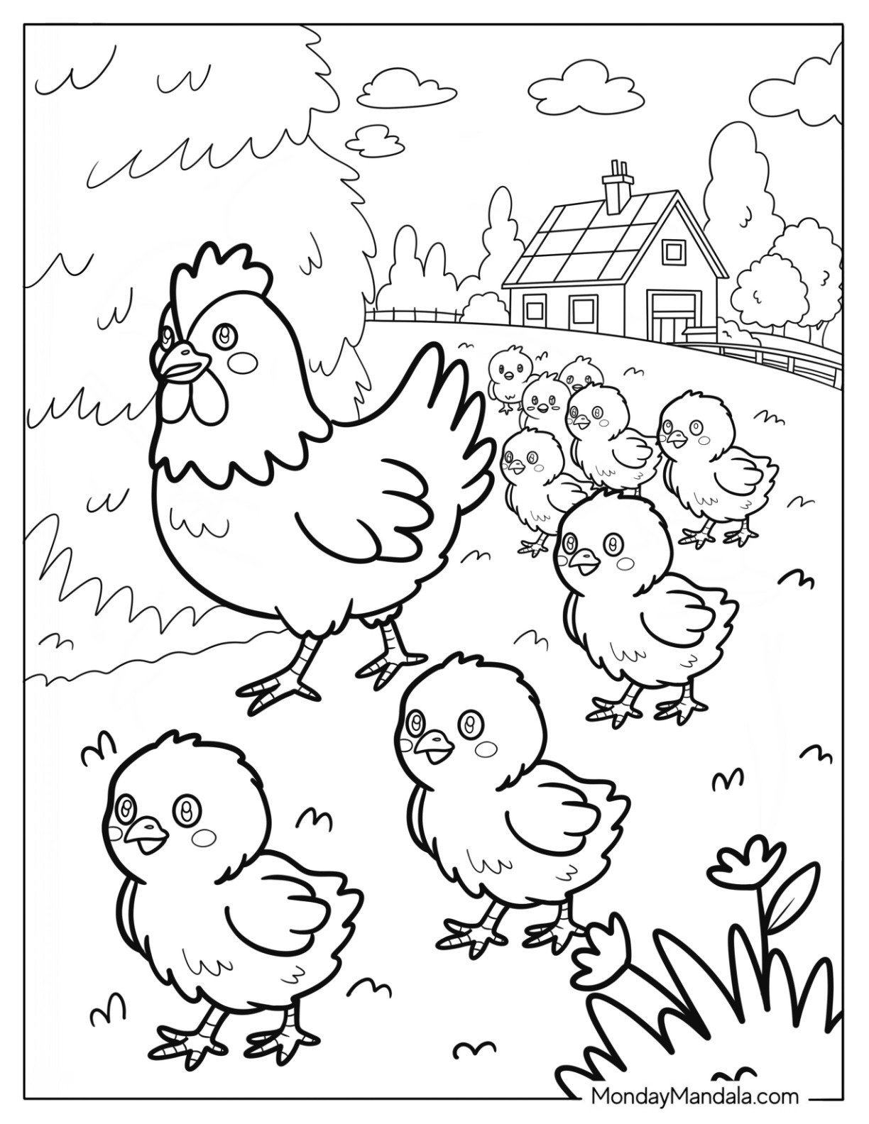 Mother Hen Leading a Flock of Chicks Through the Farm Coloring Page