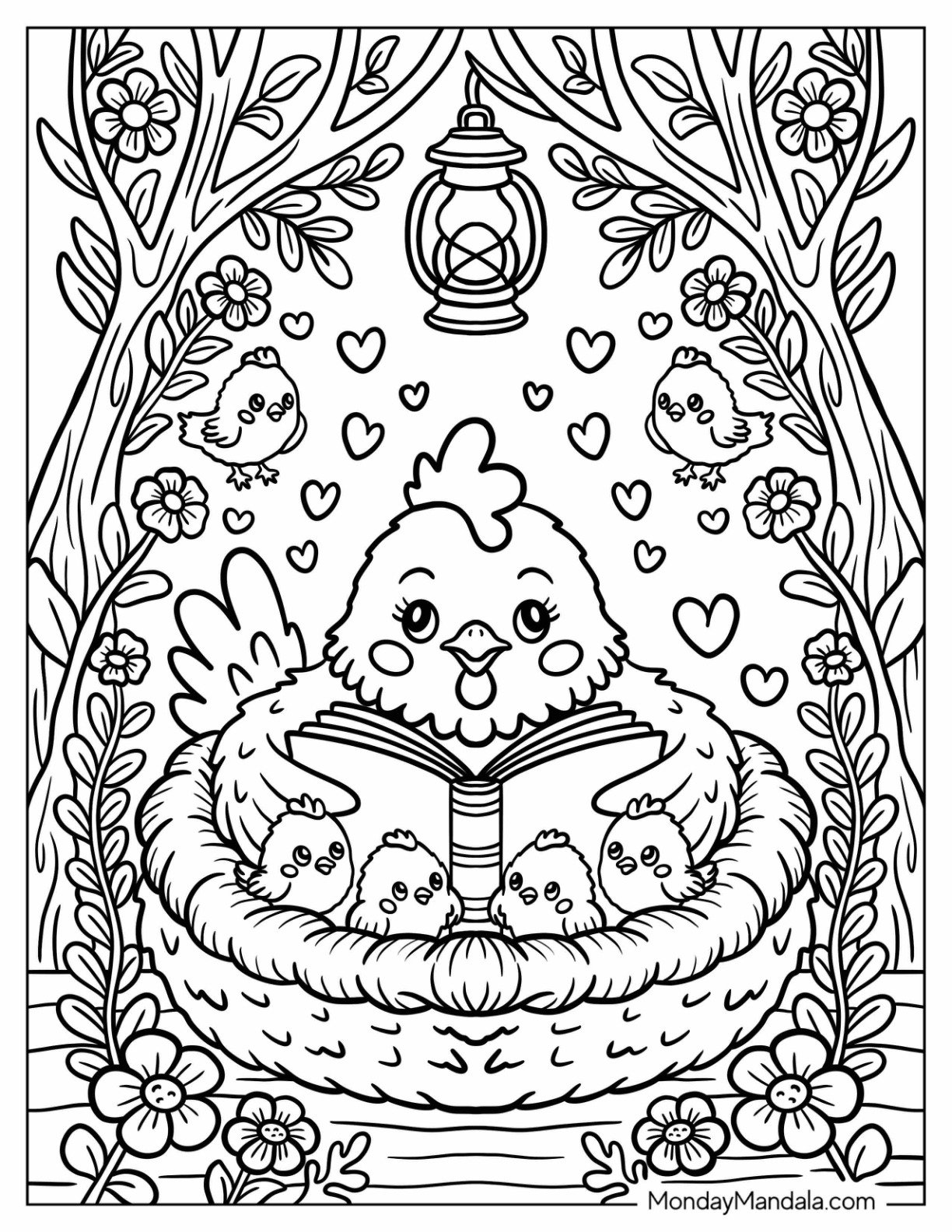 Mother Hen Reading a Story to Her Chicks in a Nest Coloring Page