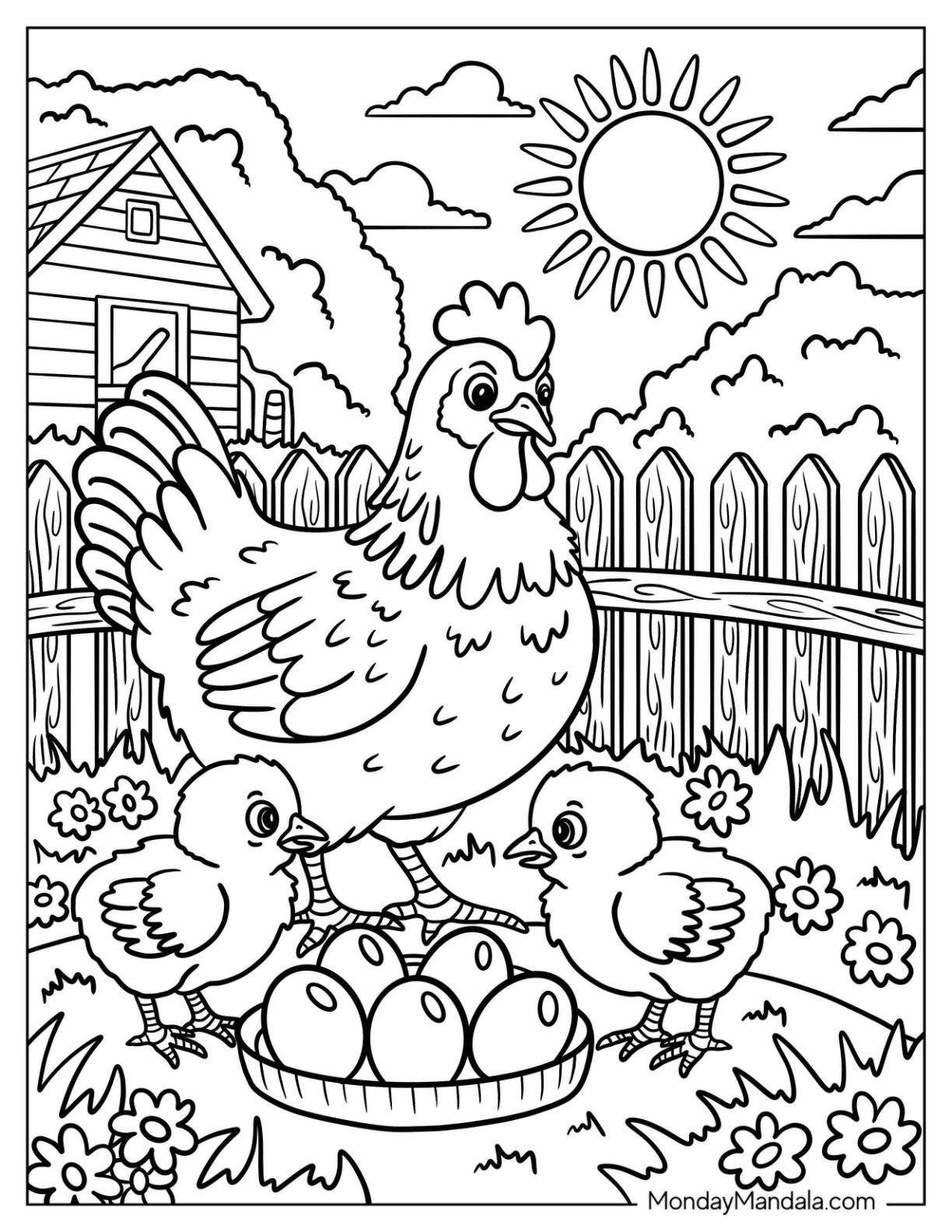 Mother Hen With Chicks And Eggs In Sunny Backyard Coloring Page for Kids