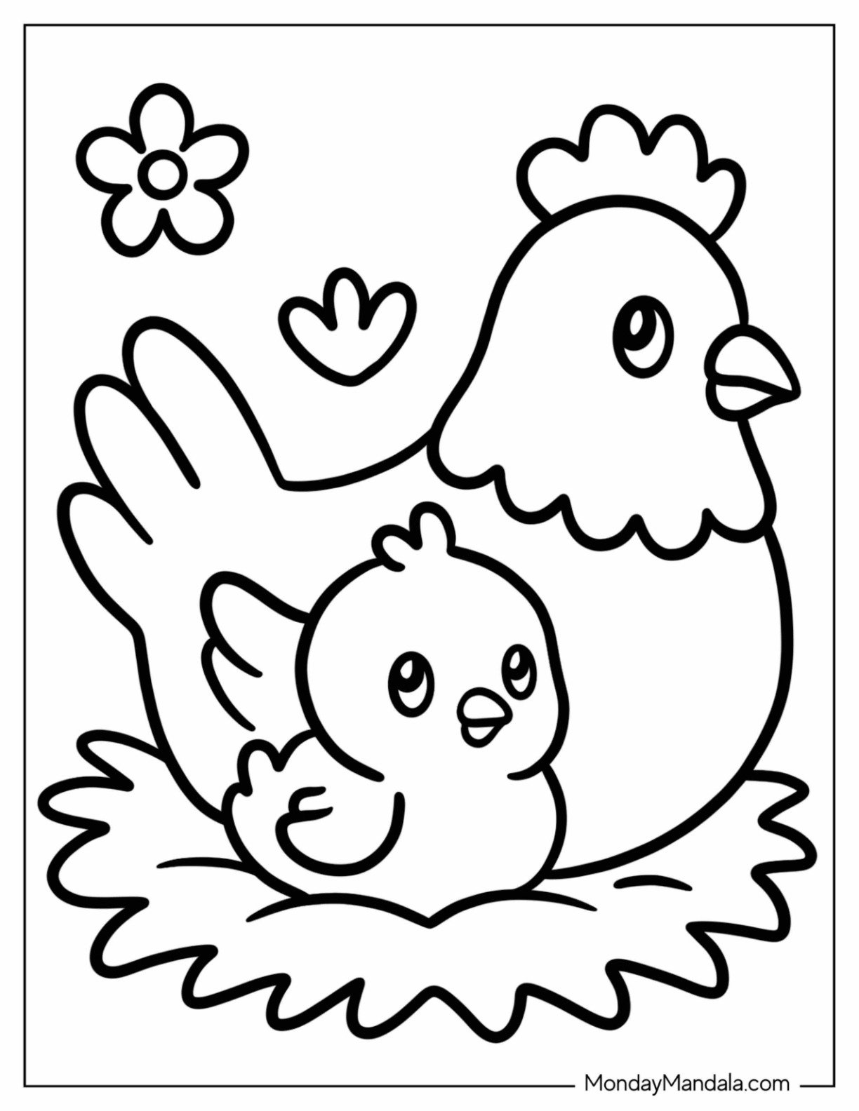 Mother Hen and Baby Chicken Coloring Page in Nest for Preschoolers