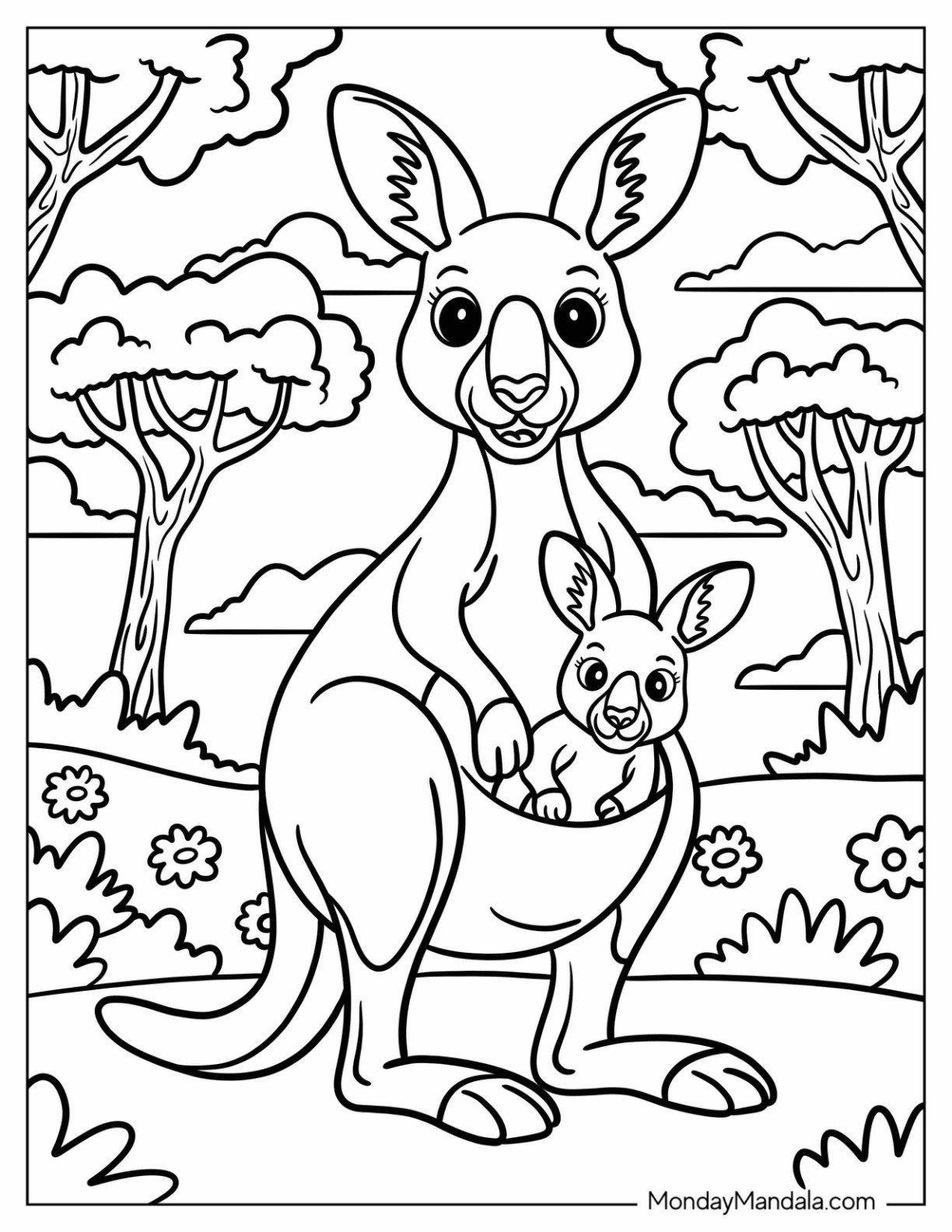 Mother Kangaroo Coloring Page Carrying Her Baby Joey in the Pouch on the Grassland for Kids
