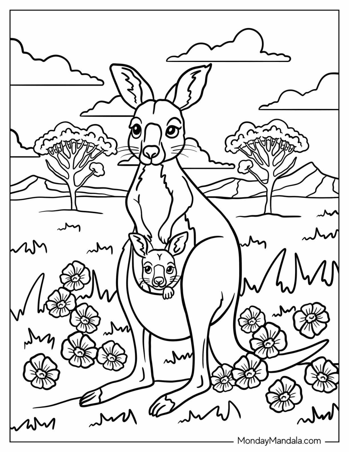 Mother Kangaroo Coloring Page Standing in a Field of Flowers with Her Baby Joey