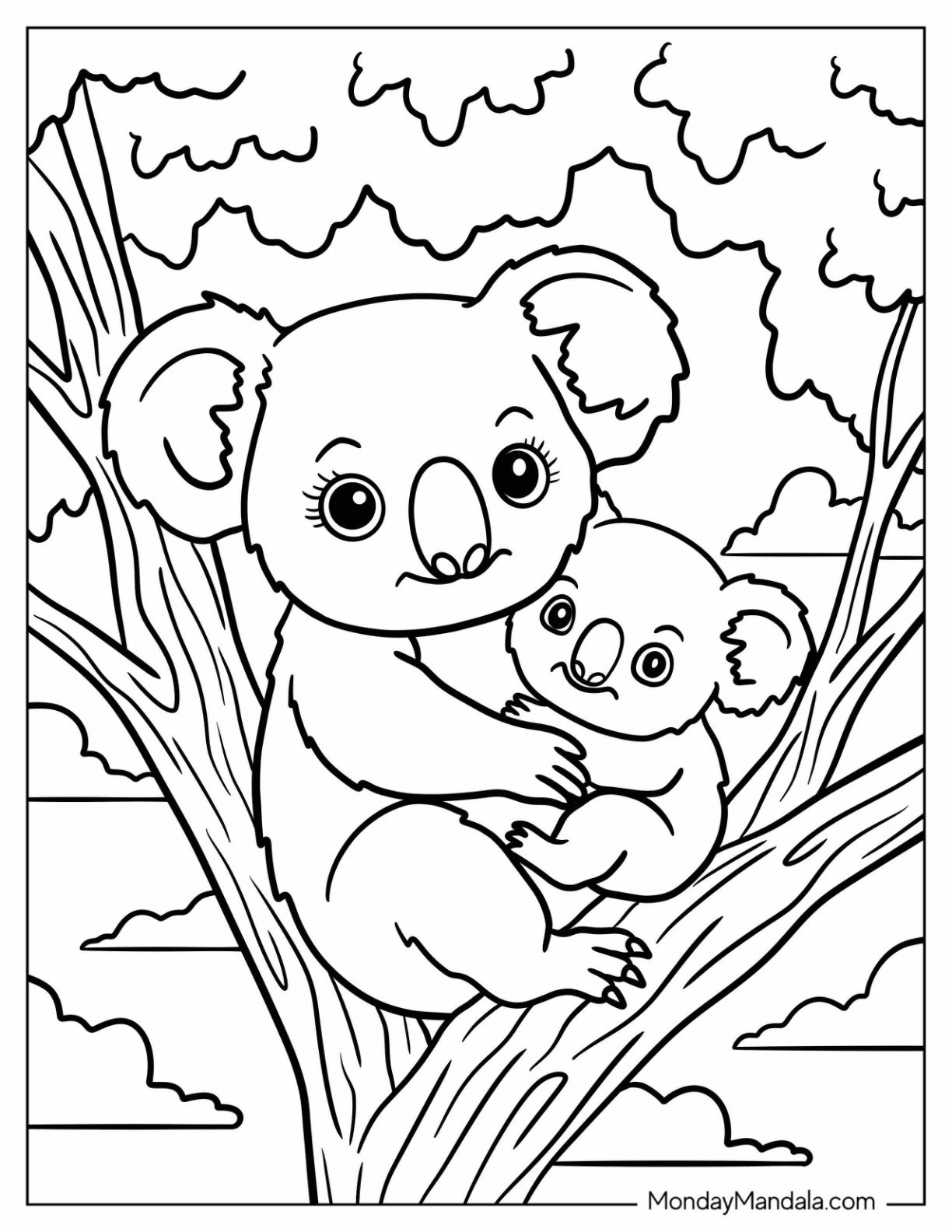 Mother Koala Coloring Page Hugging Baby on a Tree for Kids