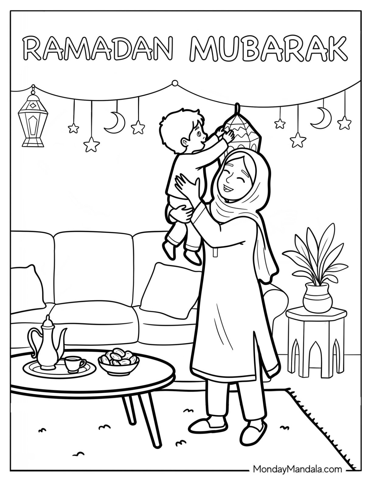 Mother Lifting a Child While Hanging Decorations at Home During Ramadan Coloring Page