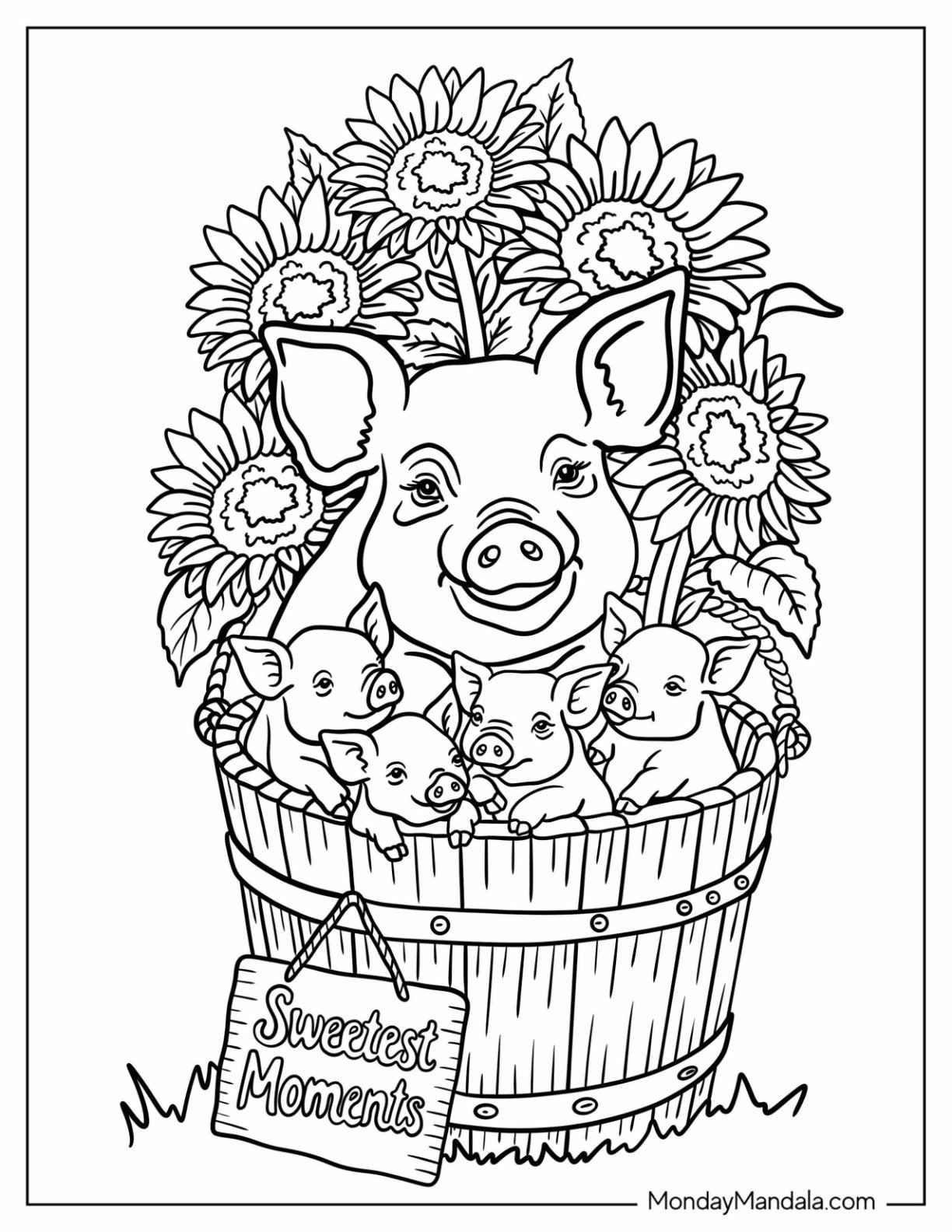 Mother Pig Coloring Page in a Bucket with Piglets and Sunflowers