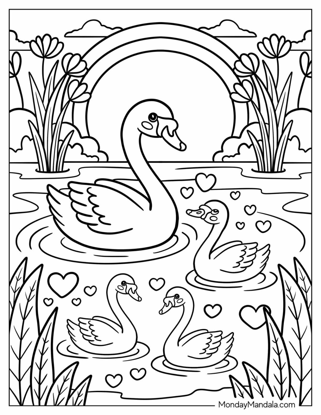 Mother Swan Coloring Page with Baby Swan for Kids