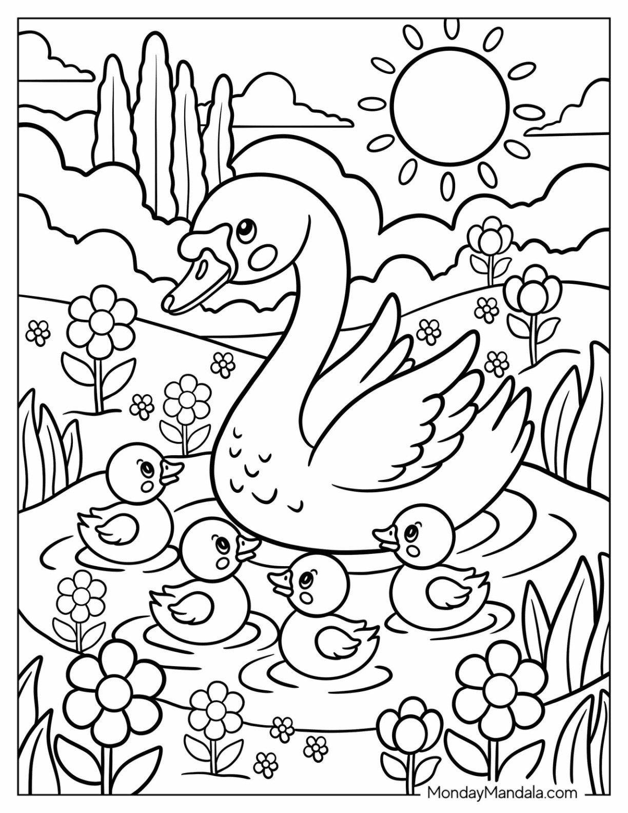 Mother Swan Coloring Page with Cygnets on a Pond for Kids
