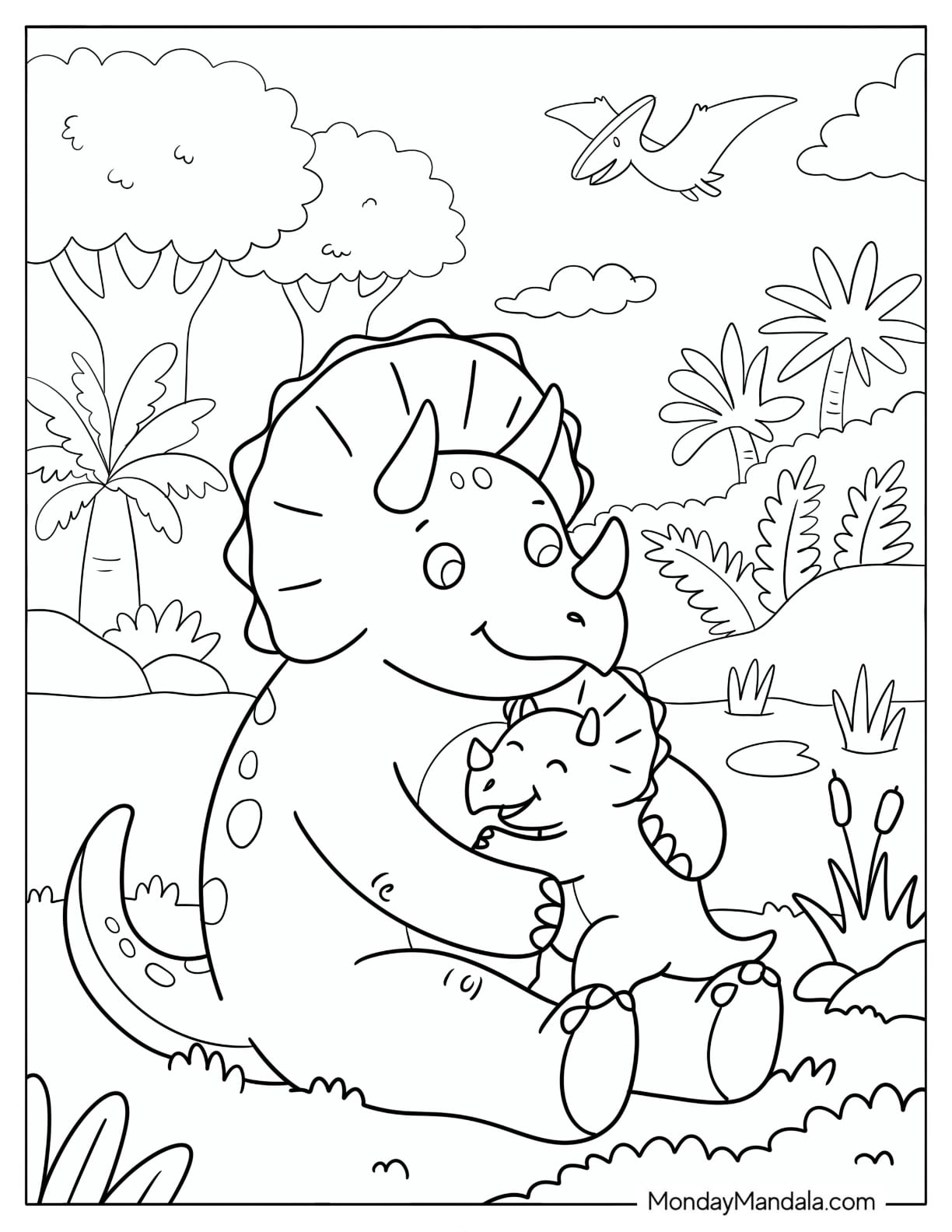 Mother Triceratops Cuddling Her Baby by a Pond Coloring Page