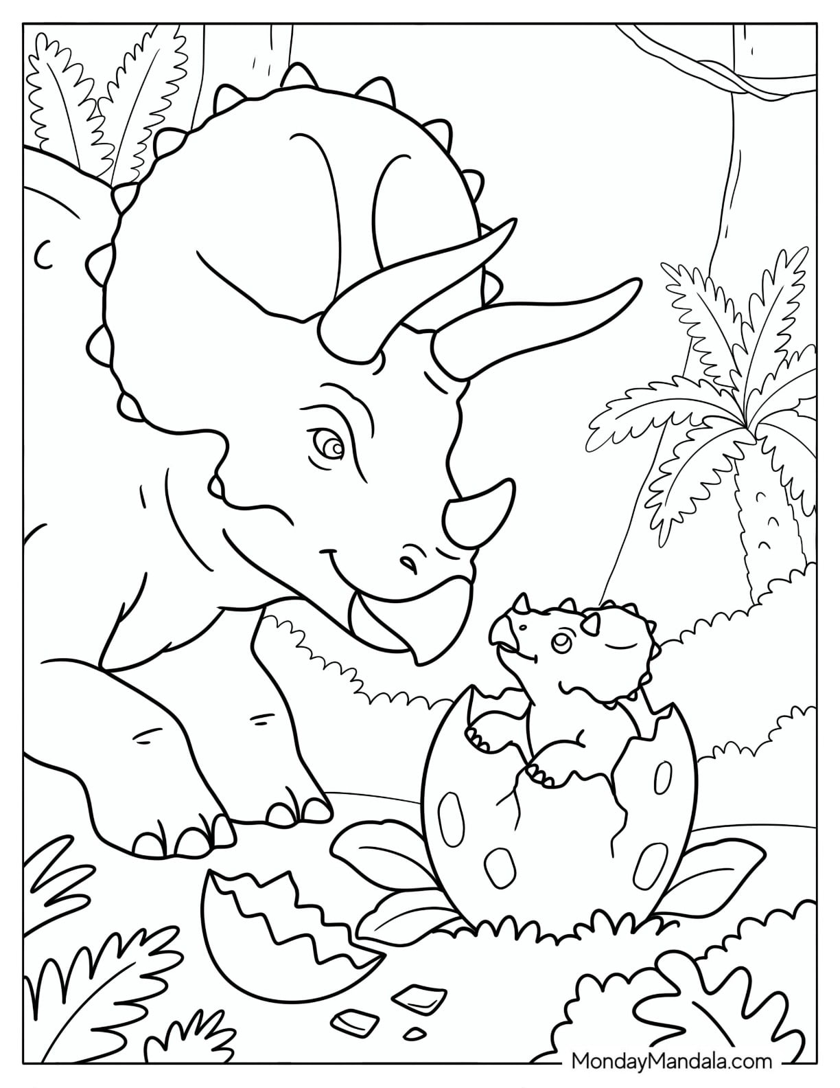 Mother Triceratops Welcoming a Hatching Baby Coloring Page for Kids