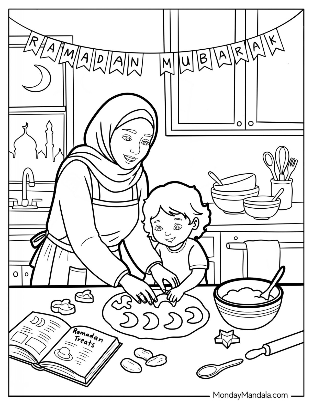 Ramadan Coloring Page of Mother and Child Baking Crescent Cookies Together
