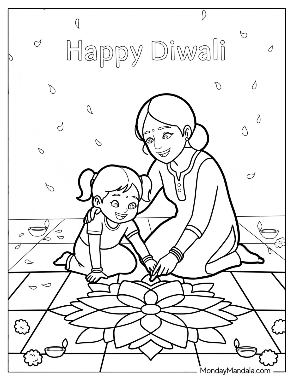 Mother and Child Making a Rangoli for Diwali Coloring Page