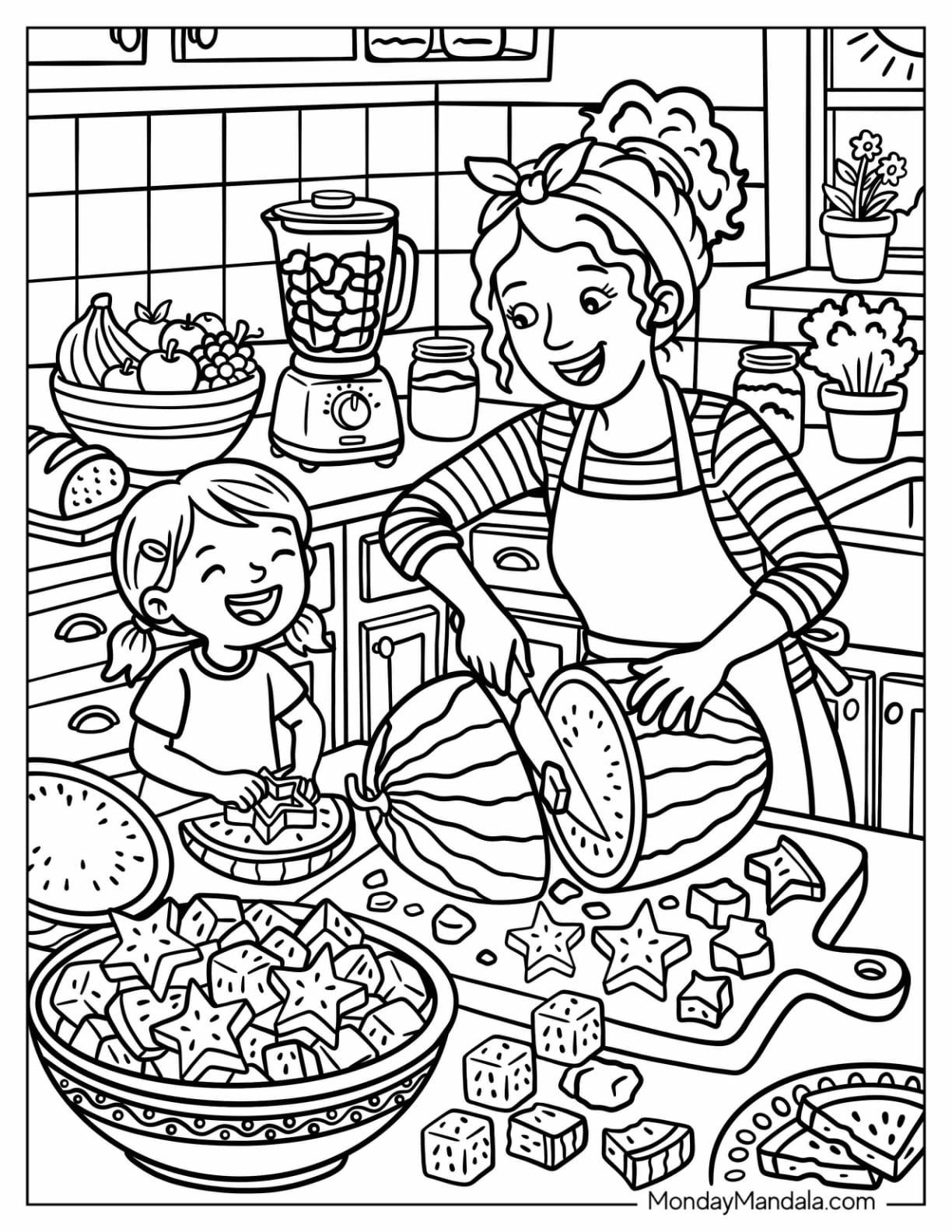 Mother and Daughter Cutting Watermelon into Fun Shapes Coloring Page