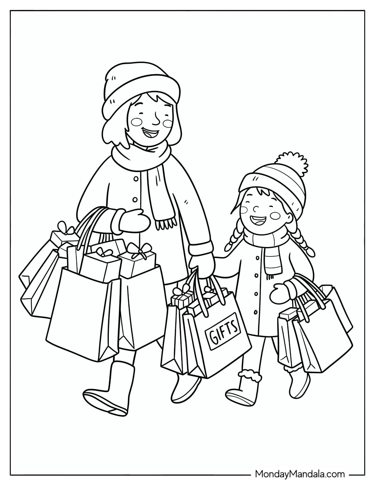 Mother and Daughter Shopping for Christmas Presents Coloring Page for Kids
