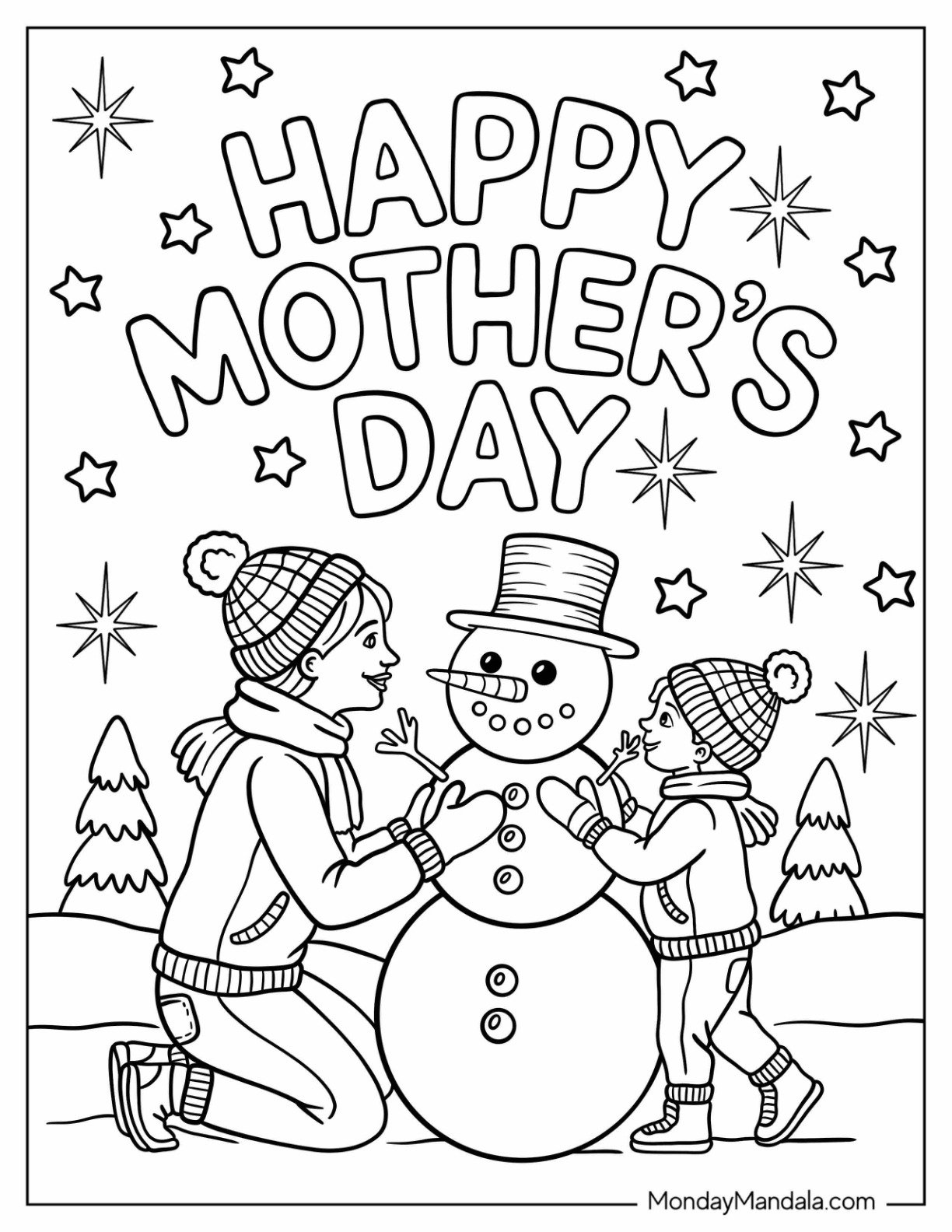 Mother's Day Coloring Page of Mother and Son Making a Snowman