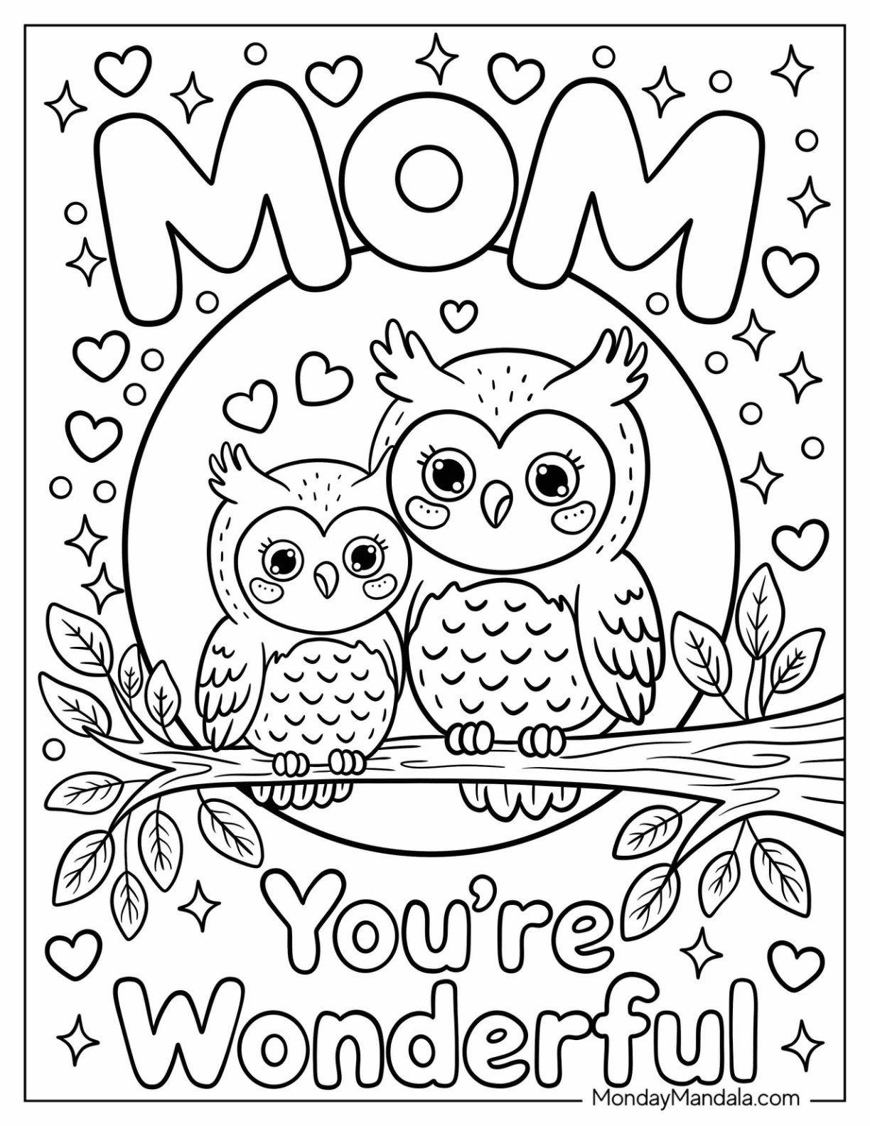 Mother s Day Coloring Page With Mama and Baby Owl Perched on a Branch Mother s Day For Kids