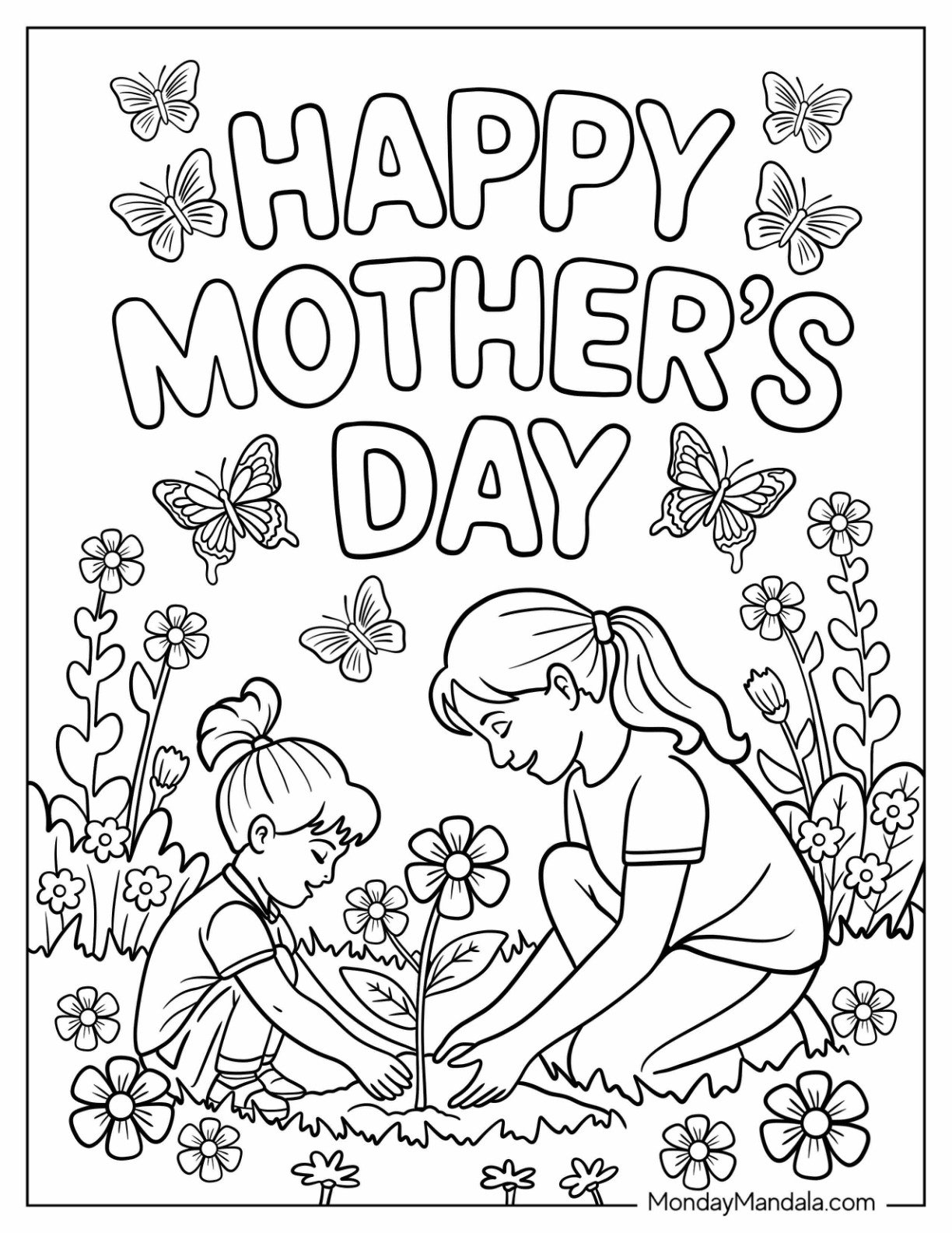 Mother’s Day Coloring Page Flower Planting With Mom And Daughter