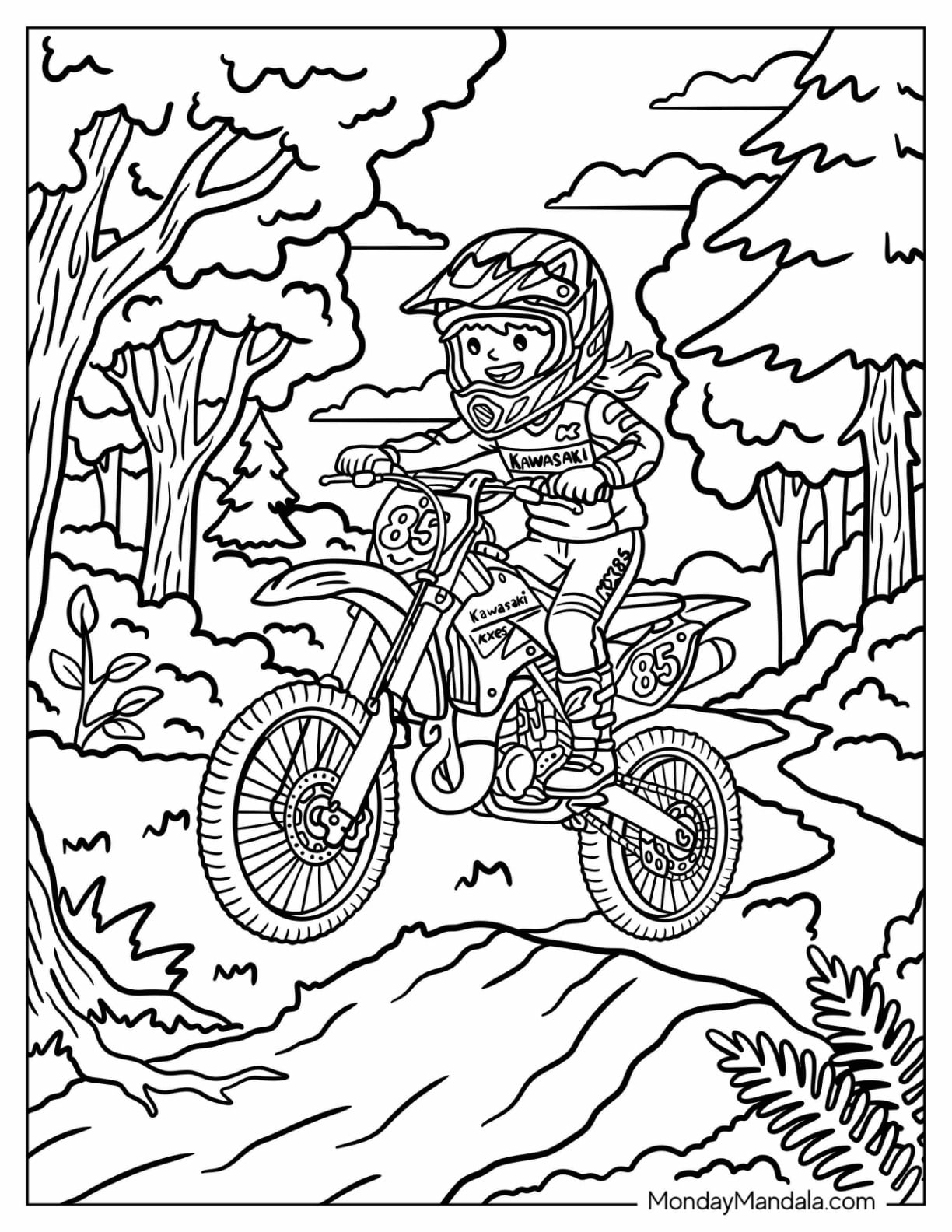 Motocross Rider Jumping Dirt Bike Number 85 on a Forest Trail Coloring Page for Kids