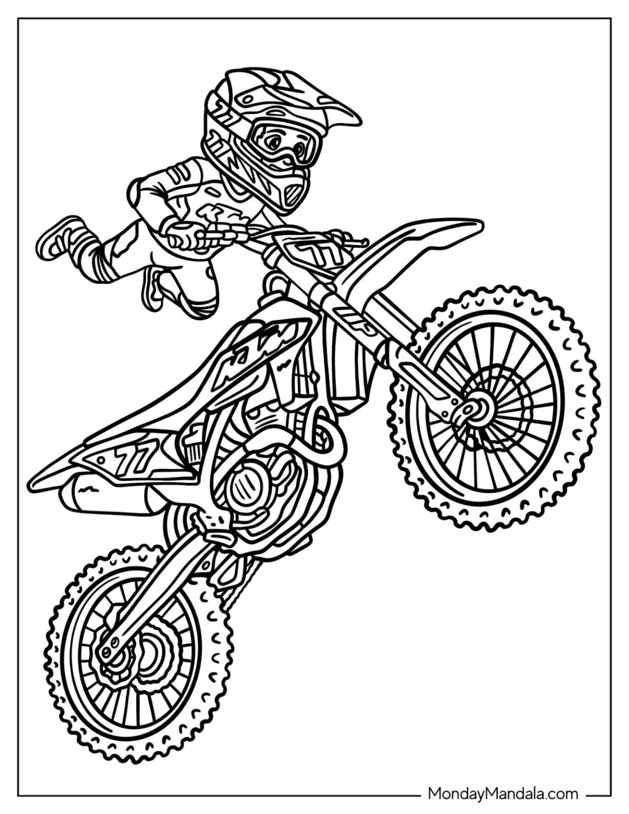Motocross Rider Performing a Superman Stunt on Dirt Bike Number 77 Coloring Page
