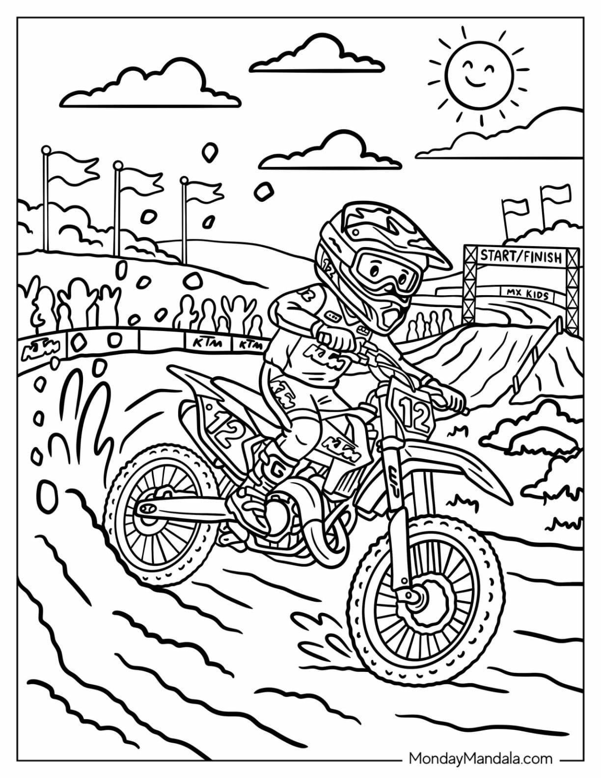 Motocross Rider Racing Dirt Bike Number 12 Toward the Finish Line Coloring Sheet