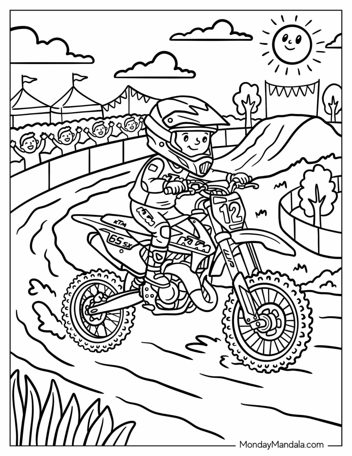 Motocross Rider Racing Dirt Bike Number 72 on a Track Coloring Page
