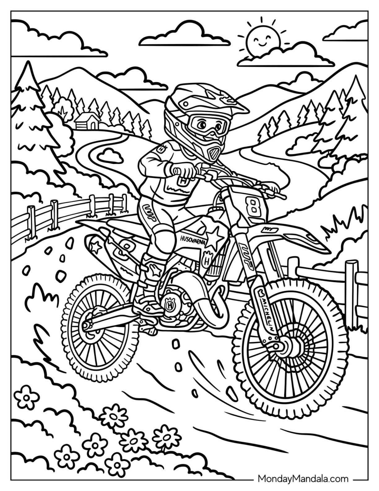 Motocross Rider on Dirt Bike Number 8 Along a Mountain Trail Coloring Page