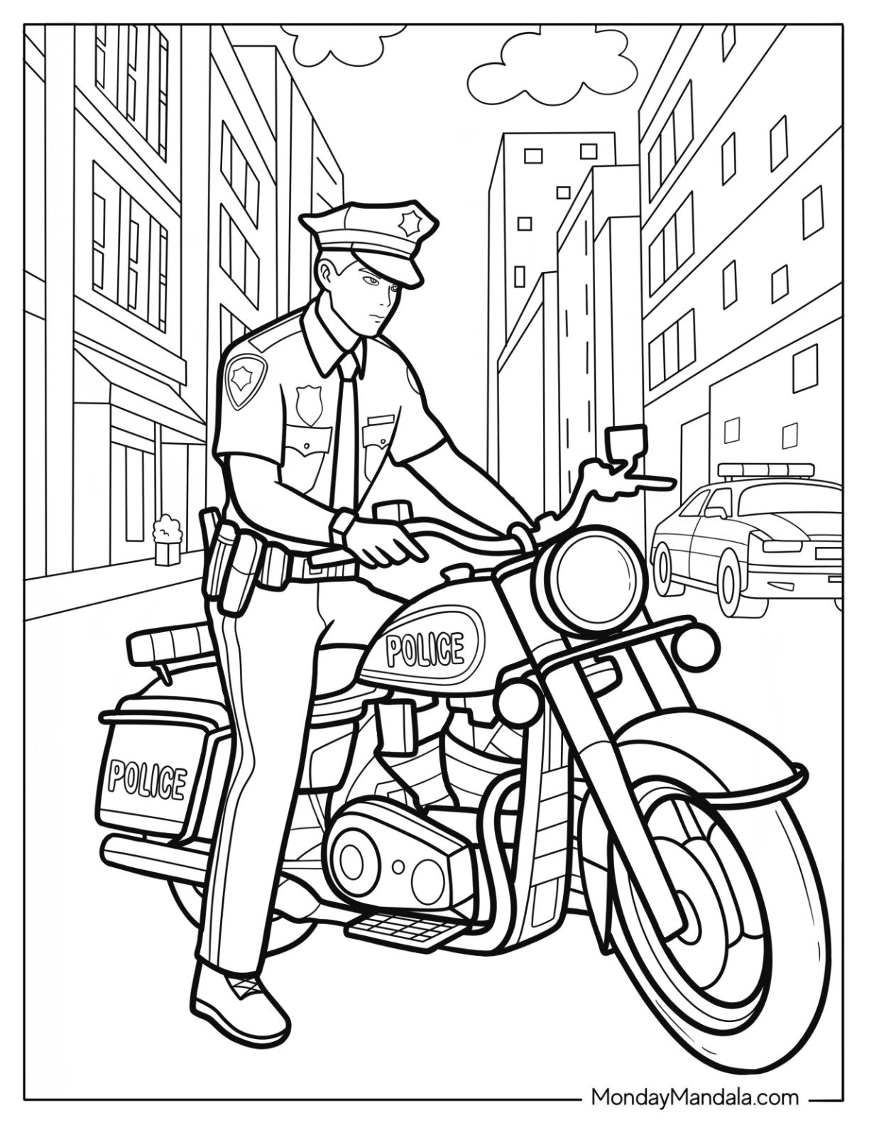 Motorcycle Police Coloring Page Patrolling City Streets