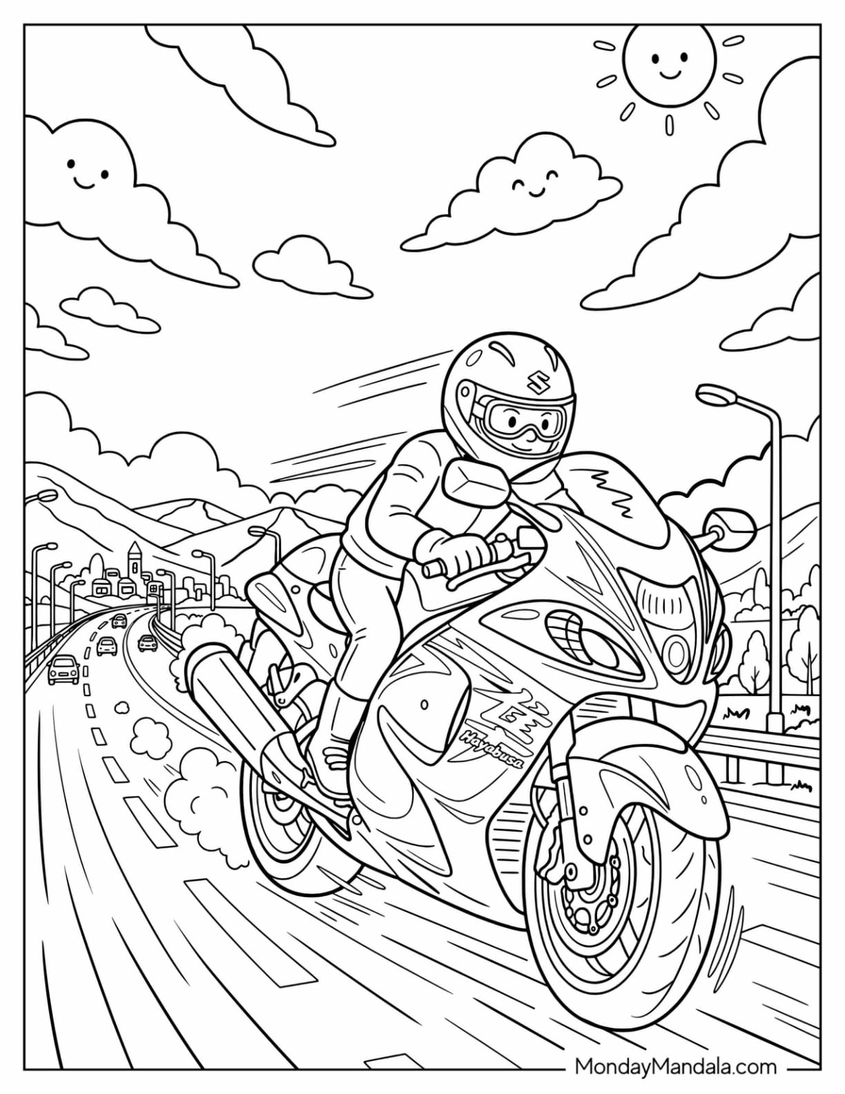 Motorcycle Rider Speeding on a Highway Coloring Sheet