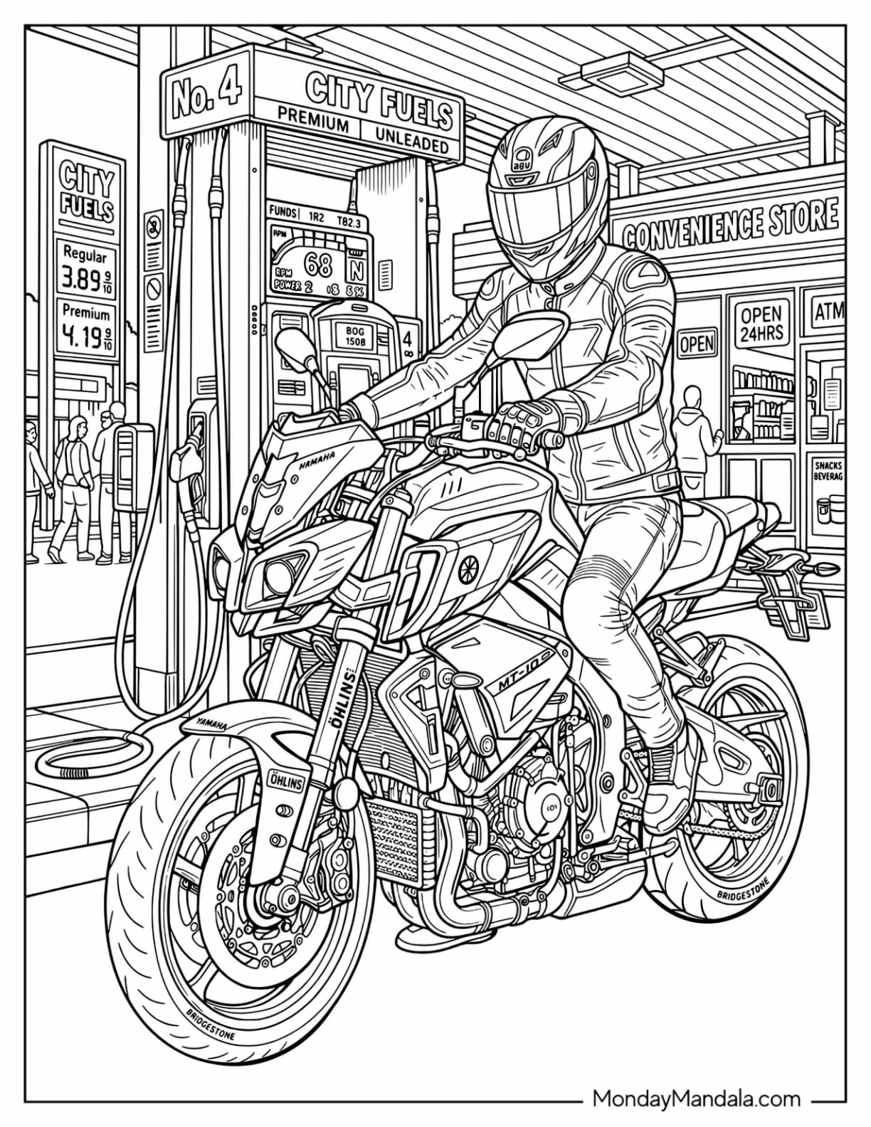 Motorcycle Rider at a Gas Station Coloring Page