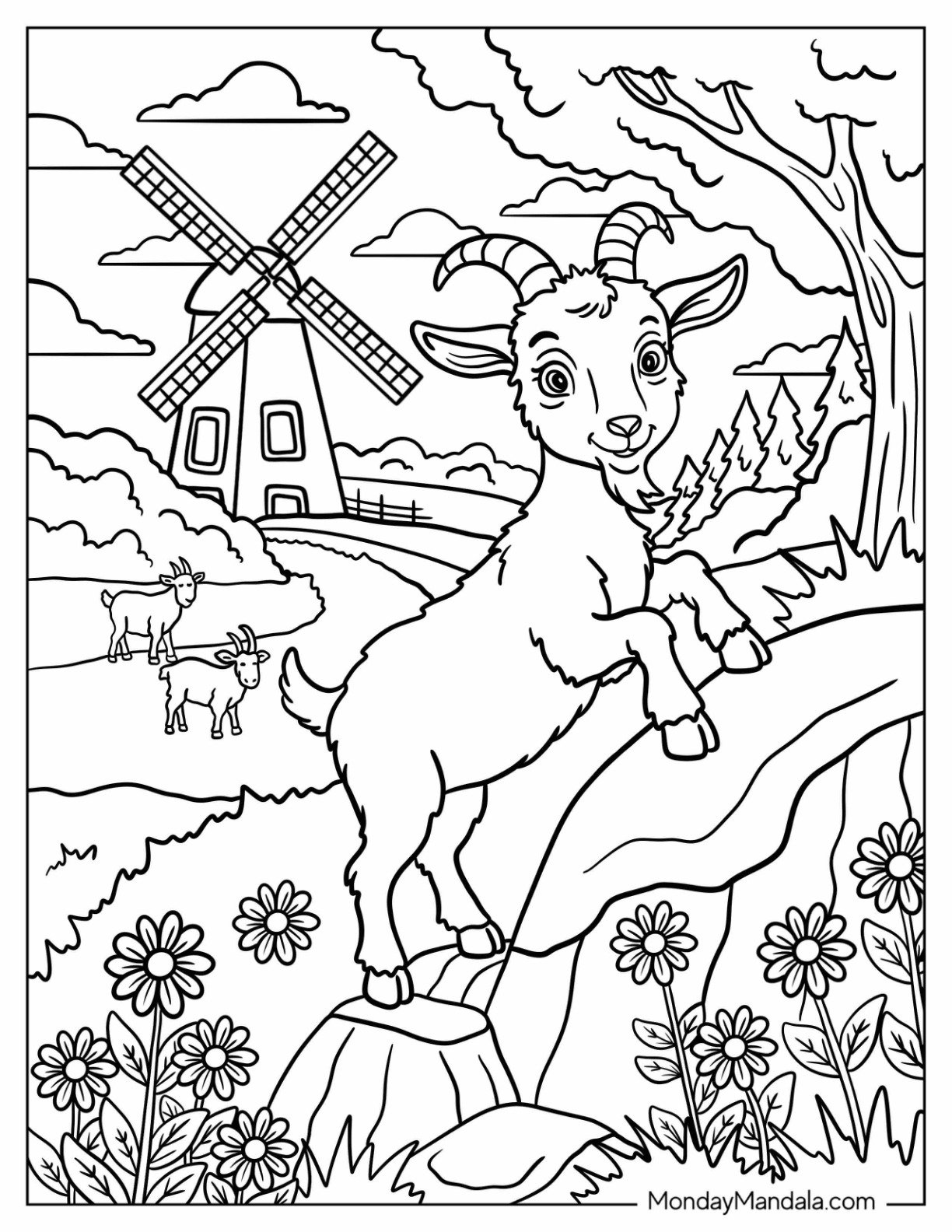 Farm Animal Coloring Page of Mountain Goat in Flower Field with Grazing Goats and River