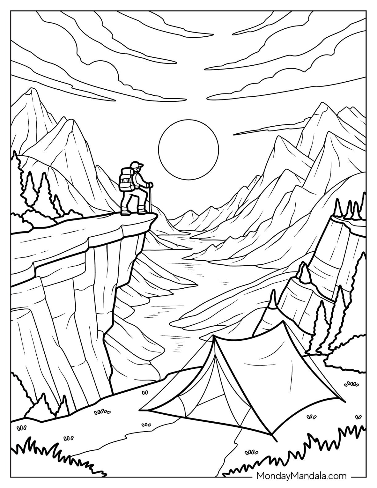 Mountain Camping & Hiking Coloring Page Overlooking River Valley