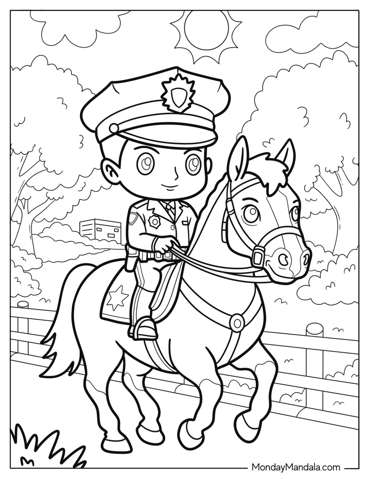 Mounted Patrol Police Coloring Page on Horse for Preschoolers