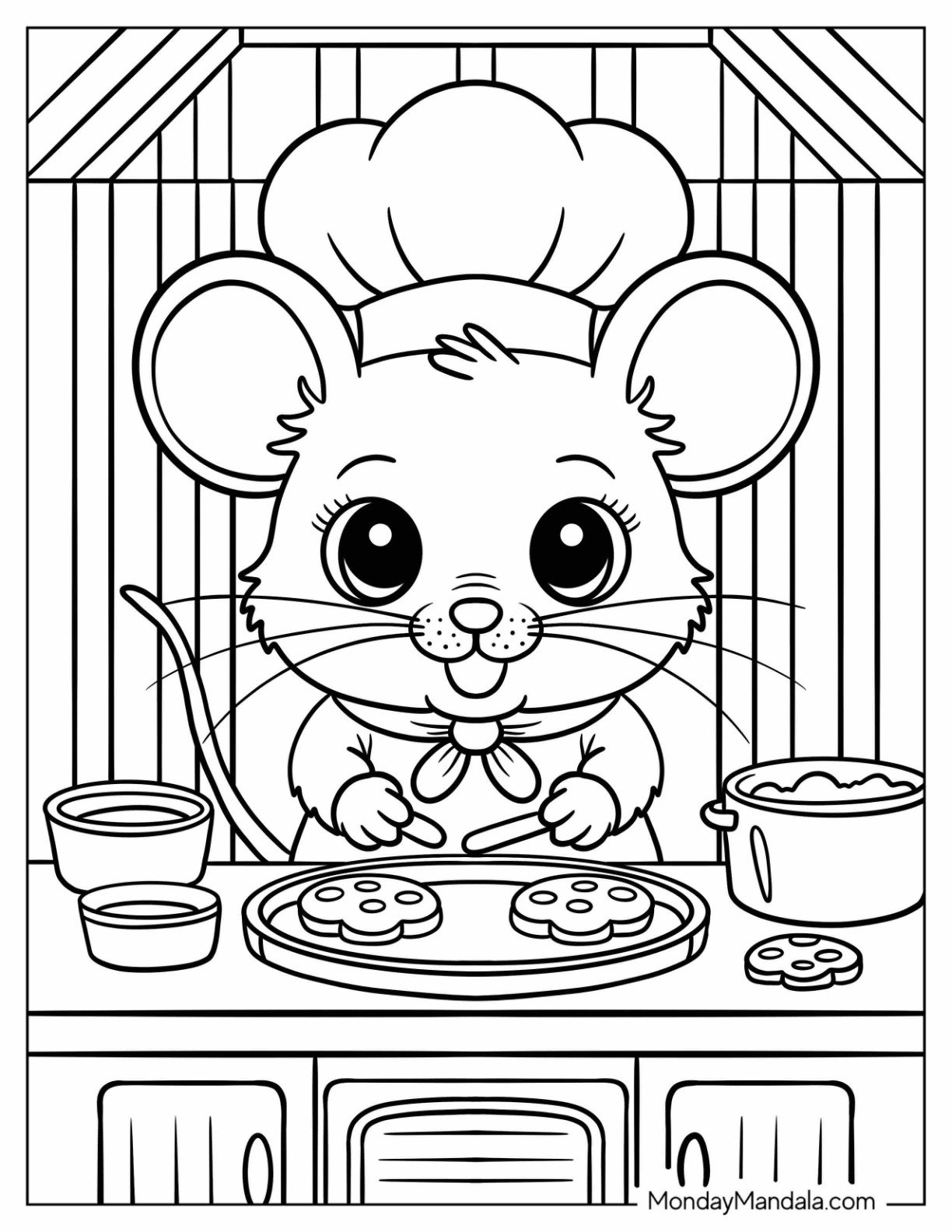Mouse Coloring Page Baking Cookies in a Tiny Kitchen with Chef Hat for Kids