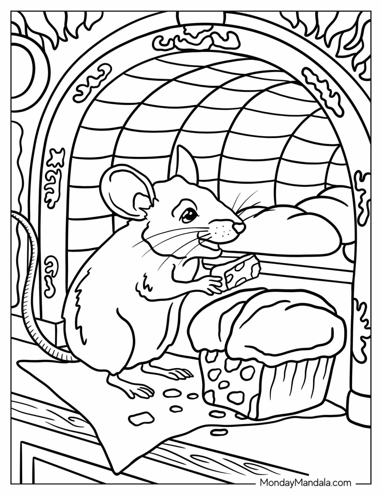 Mouse Coloring Page Eating Cheese Beside a Muffin in a Warm Kitchen Nook