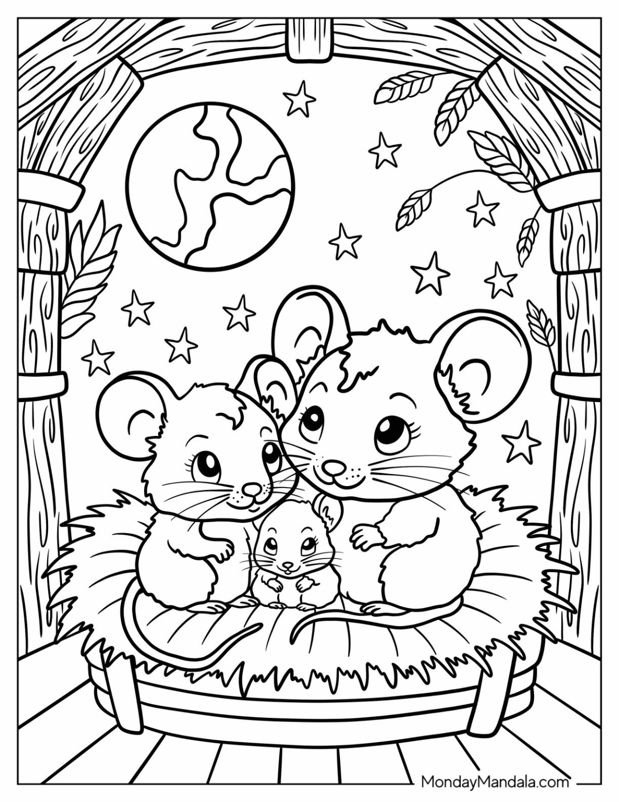 Mouse Coloring Page Family Snuggling in a Nest Under the Stars
