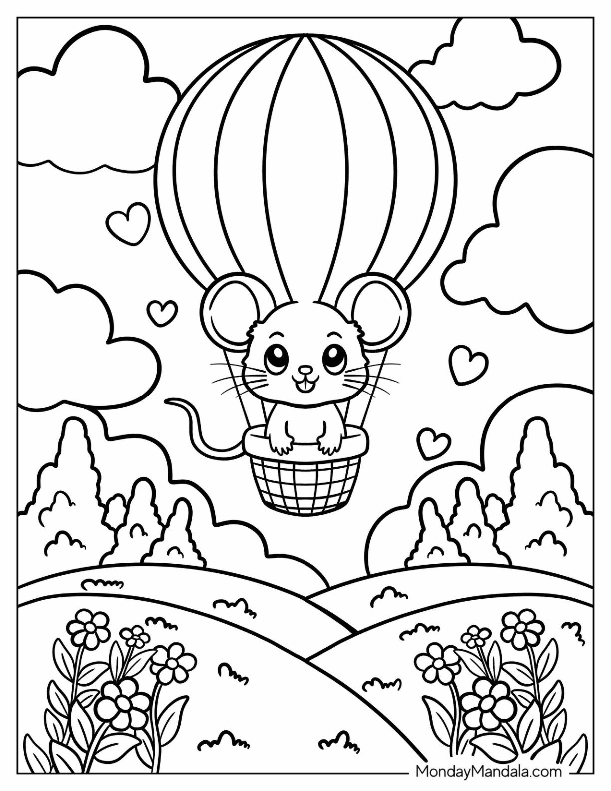 Mouse Coloring Page Floats Through the Clouds in a Hot Air Balloon for Preschoolers