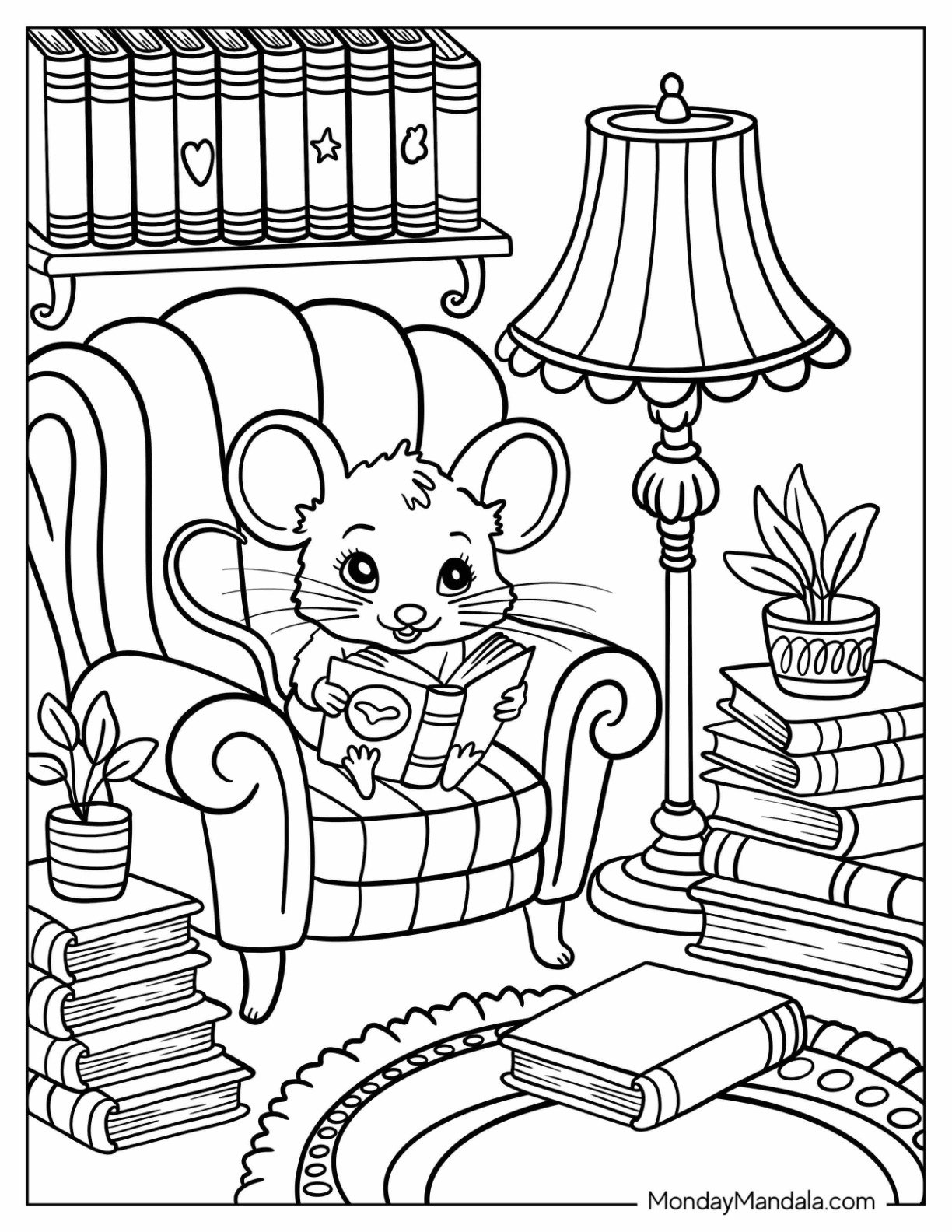 Mouse Coloring Page Holding a Storybook Under a Lamp Beside a Pile of Novels