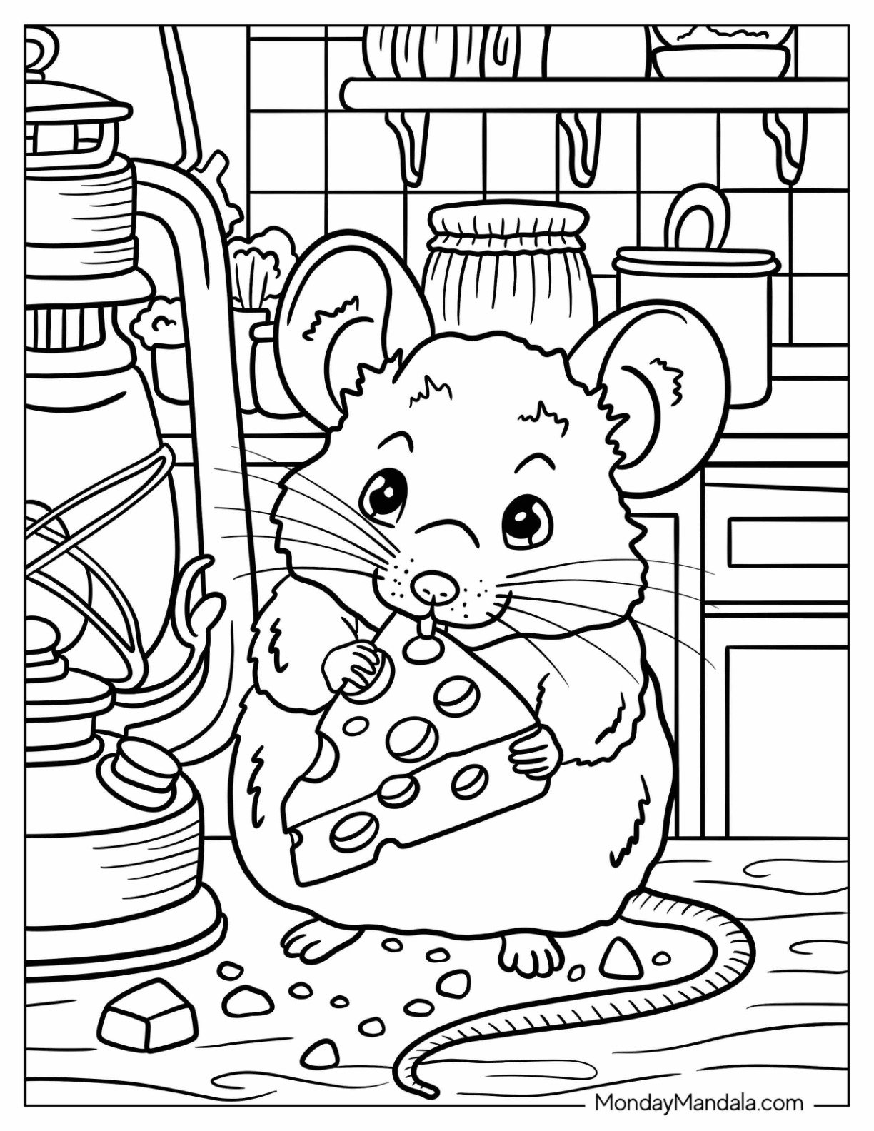 Mouse Coloring Page Holding a Wedge of Cheese in a Cozy Country Kitchen for Kids